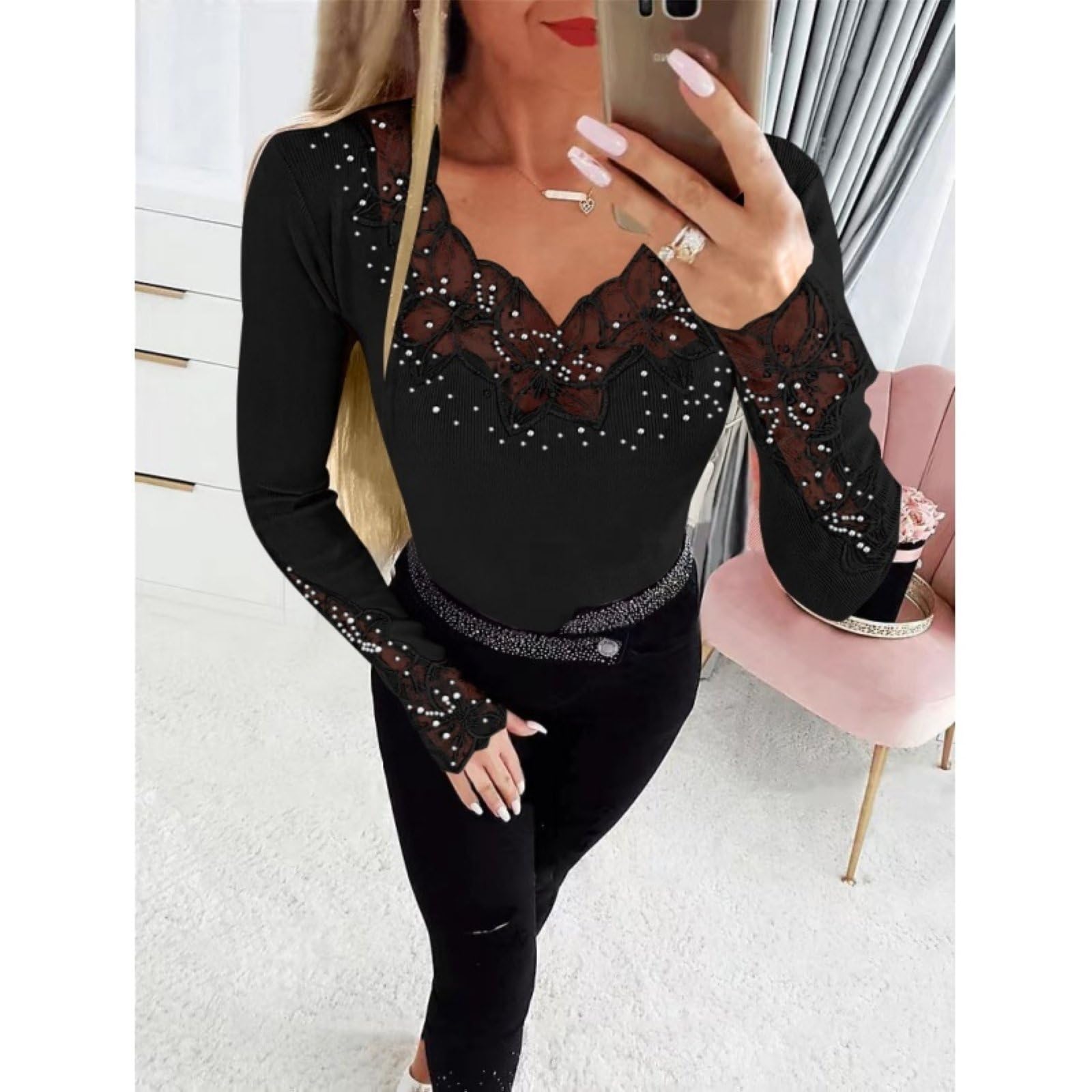 Top Da Donna Y2K A Manica Lunga Aderente Alla Moda in Maglia A Coste Morbida Con Pizzo E Strass