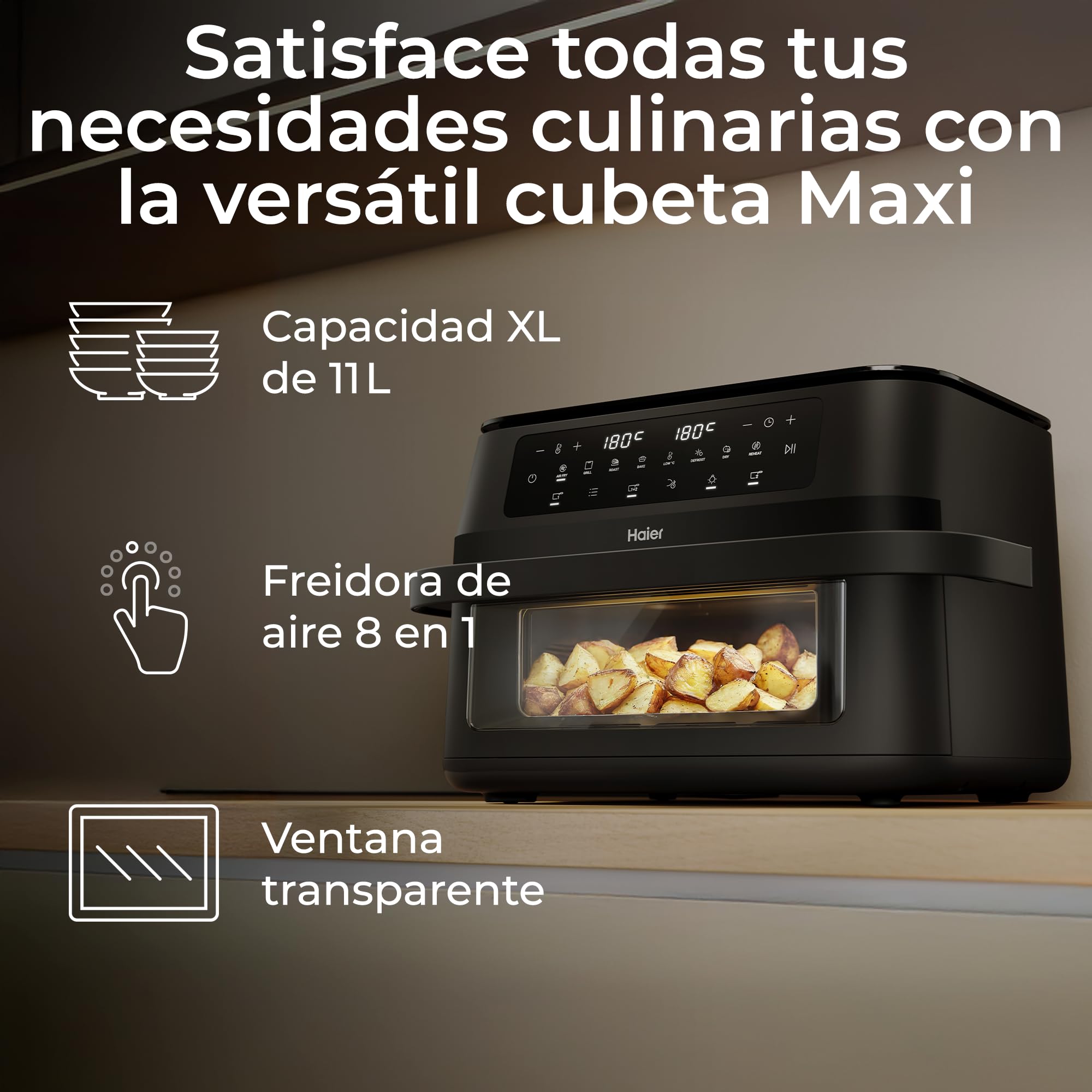 Haier Freidora de Aire Doble Cajón Flex 11L con Divisor y Ventana, 8 en 1: Air Fry, Grill, Asar, Hornear, Secar, Recalentar, Descongelar, Cocción Lenta, Sync, Antiadherente, Lavavajillas [HAF3ADW]