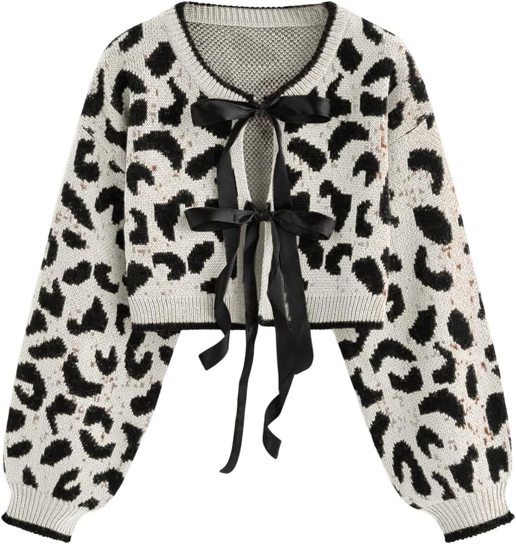 Women's Y2k Cheetah Cardigan Sweater Bow Tie Front Cardigan Leopard Print Crop Sweater Long Sleeve Crew Neck Knit Top