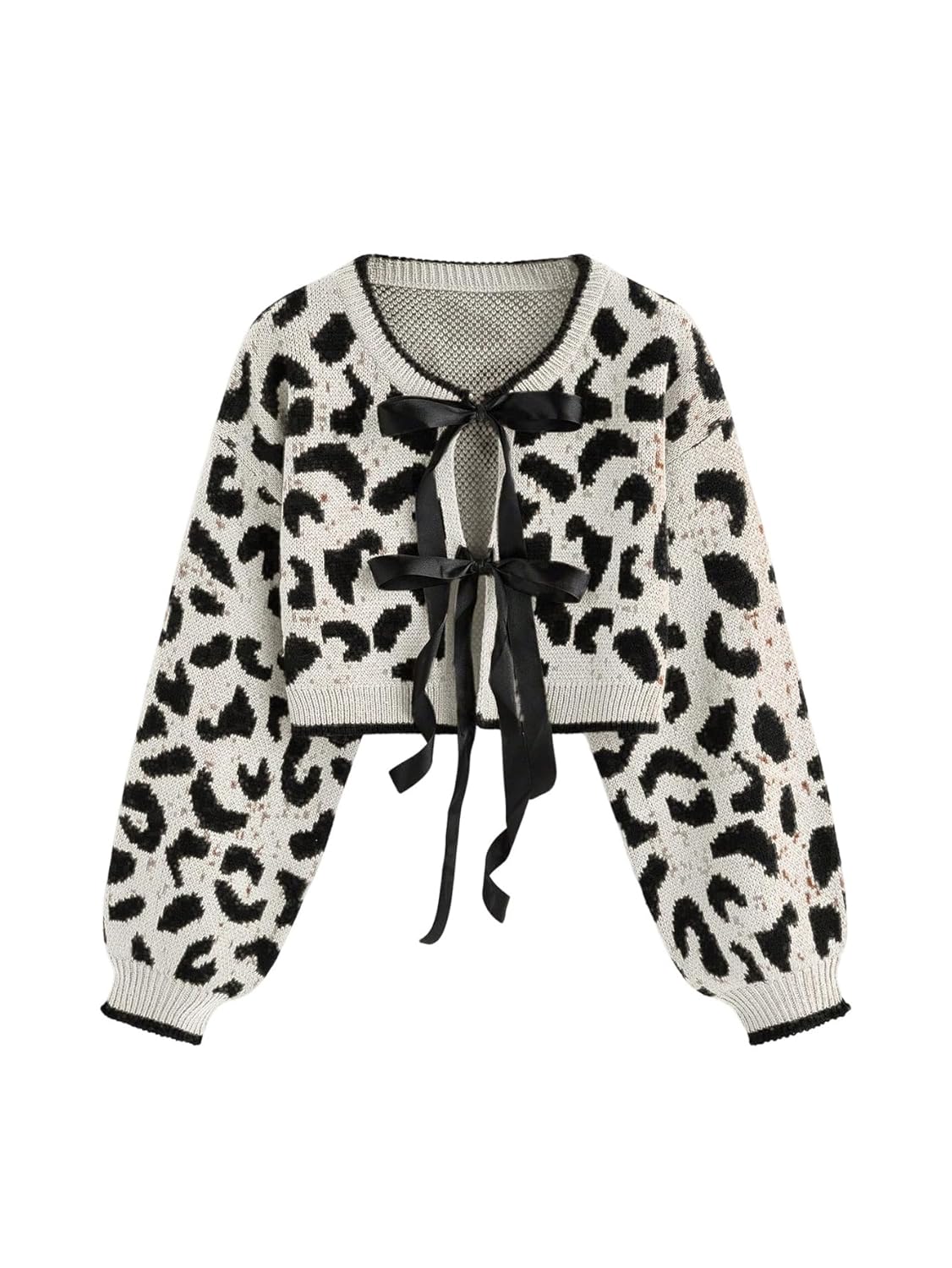 Womens Y2k Cheetah Cardigan Sweater Bow Tie Front Cardigan Leopard Print Crop Sweater Long Sleeve Crew Neck Knit