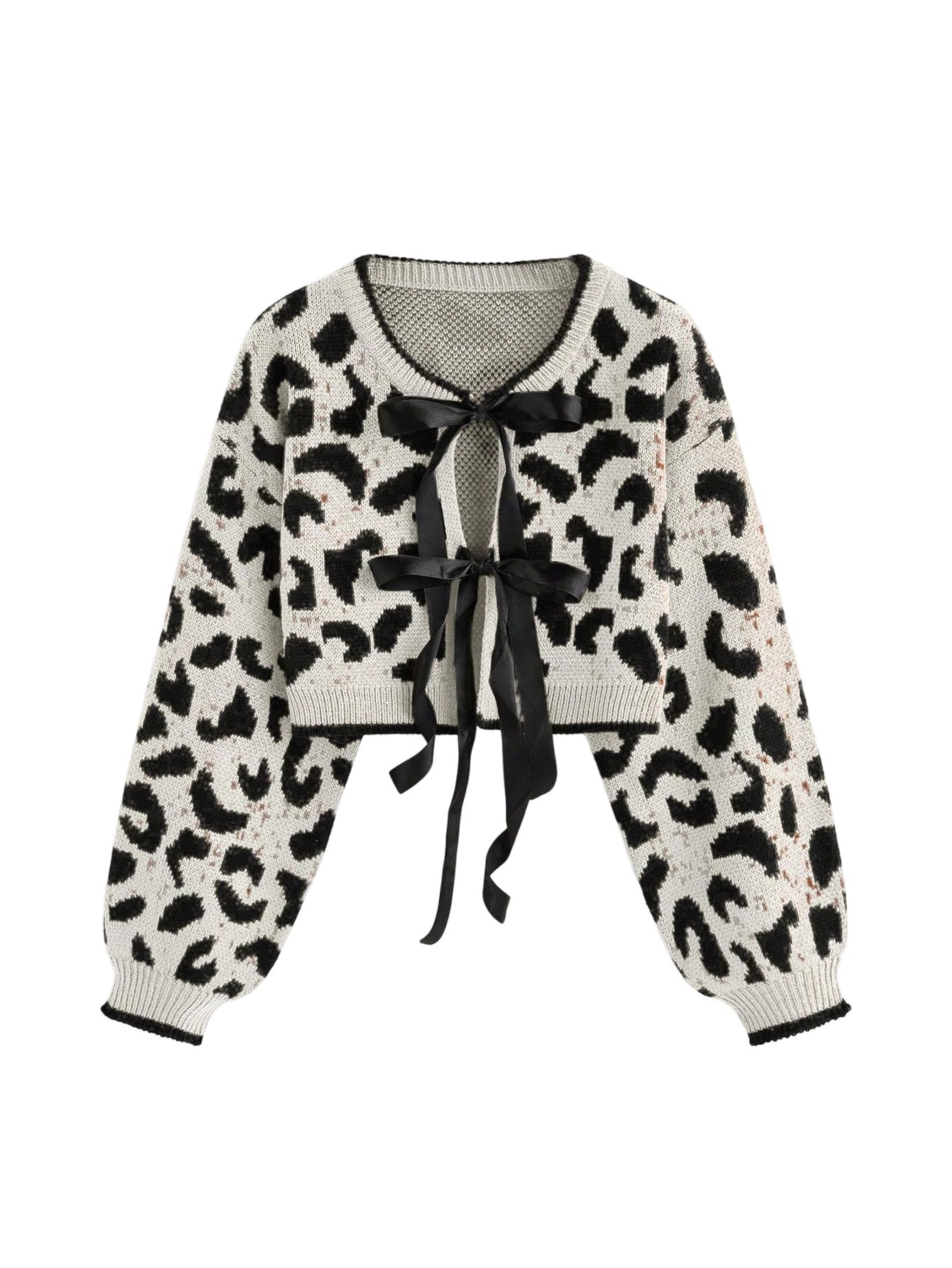 Womens Y2k Cheetah Cardigan Sweater Bow Tie Front Cardigan Leopard Print Crop Sweater Long Sleeve Crew Neck Knit