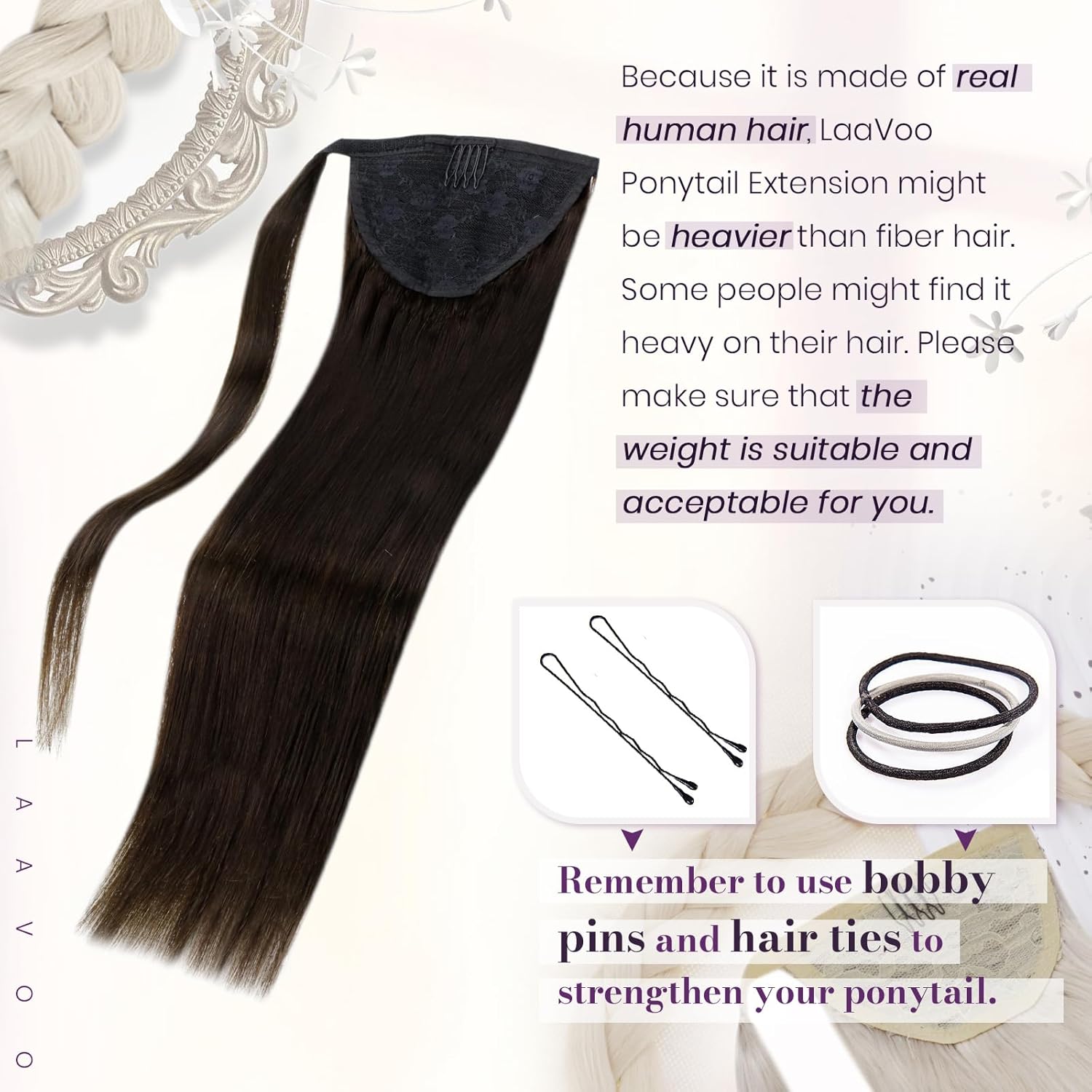 LaaVoo Ponytail Extension Human Hair Brown Pony Tails Hair Extensions Human Hair Dark Brown Clip in Ponytail Hair Extensions Wrap Around 18 Inch 85g