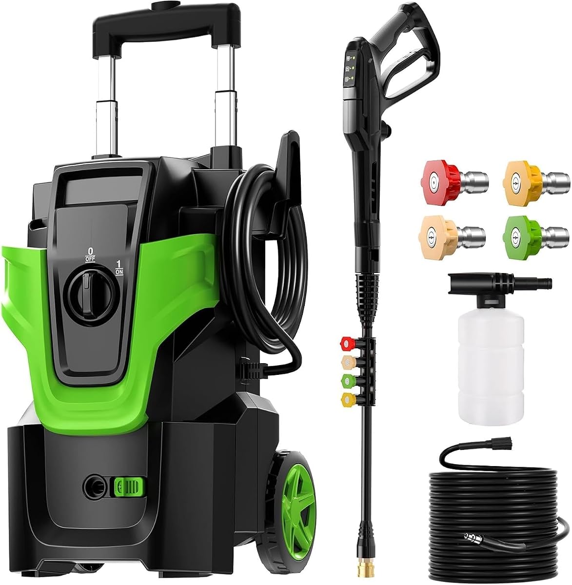 Lavadora a presión eléctrica de 5000 PSI, lavadora eléctrica de alta resistencia de 4,0 GPM, limpiador eléctrico ajustable de 3 velocidades con varilla de tracción de 2 etapas, 4 boquillas y botella de jabón de 500 ml, para coche/hogar/cercas, verde