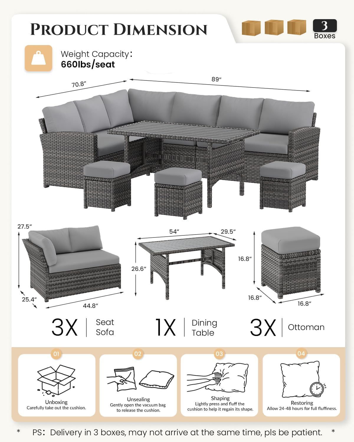 U-MAX 7 Pieces Patio Furniture Set, Outdoor Sectional Sofa Conversation Set, All Weather Wicker Rattan Dining Table & Chair with Ottoman, Grey Rattan&Grey Cushion