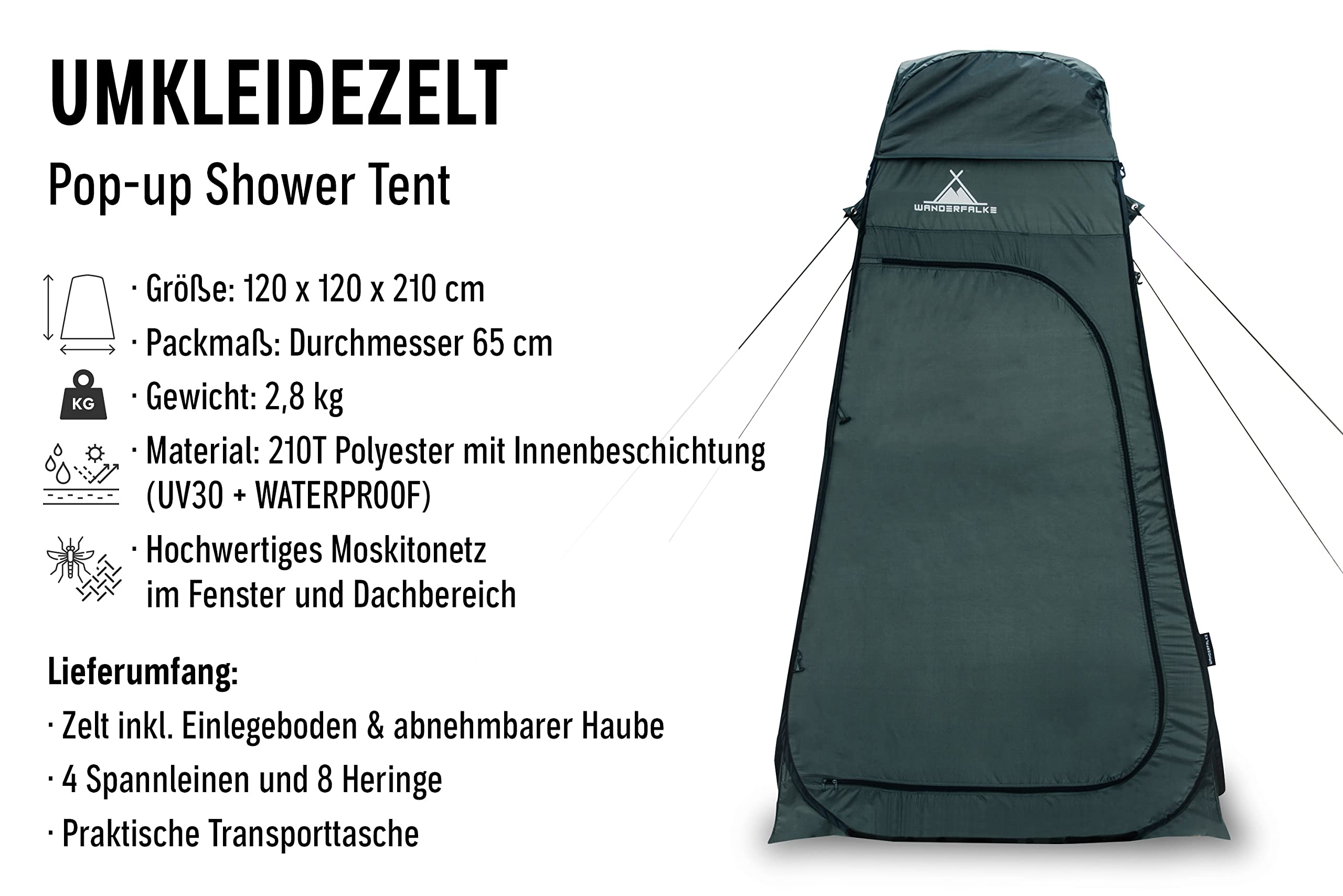 WANDERFALKE XL Pop Up namiot przebieralni, namiot toaletowy, namiot prysznicowy 120 x 120 x 210 cm, do użytku na zewnątrz, na kemping, wędkowanie, plażę, w zestawie torba do przenoszenia (zielona