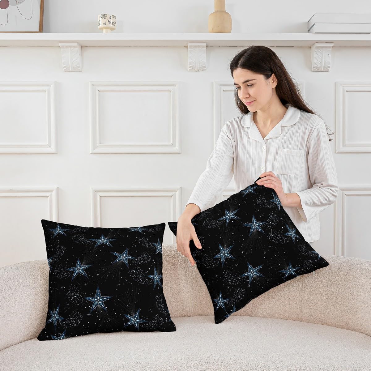 Manfei Galaxy Sky Pillow Cover 16"x16" Single Pack,Glitter Stars Starry Sky Reversible Throw Pillow Cover,Dreamy Universe Pillow Case for Kids Boys Teens,Kids Boys Girls Blue Black Cushion Cover image 3
