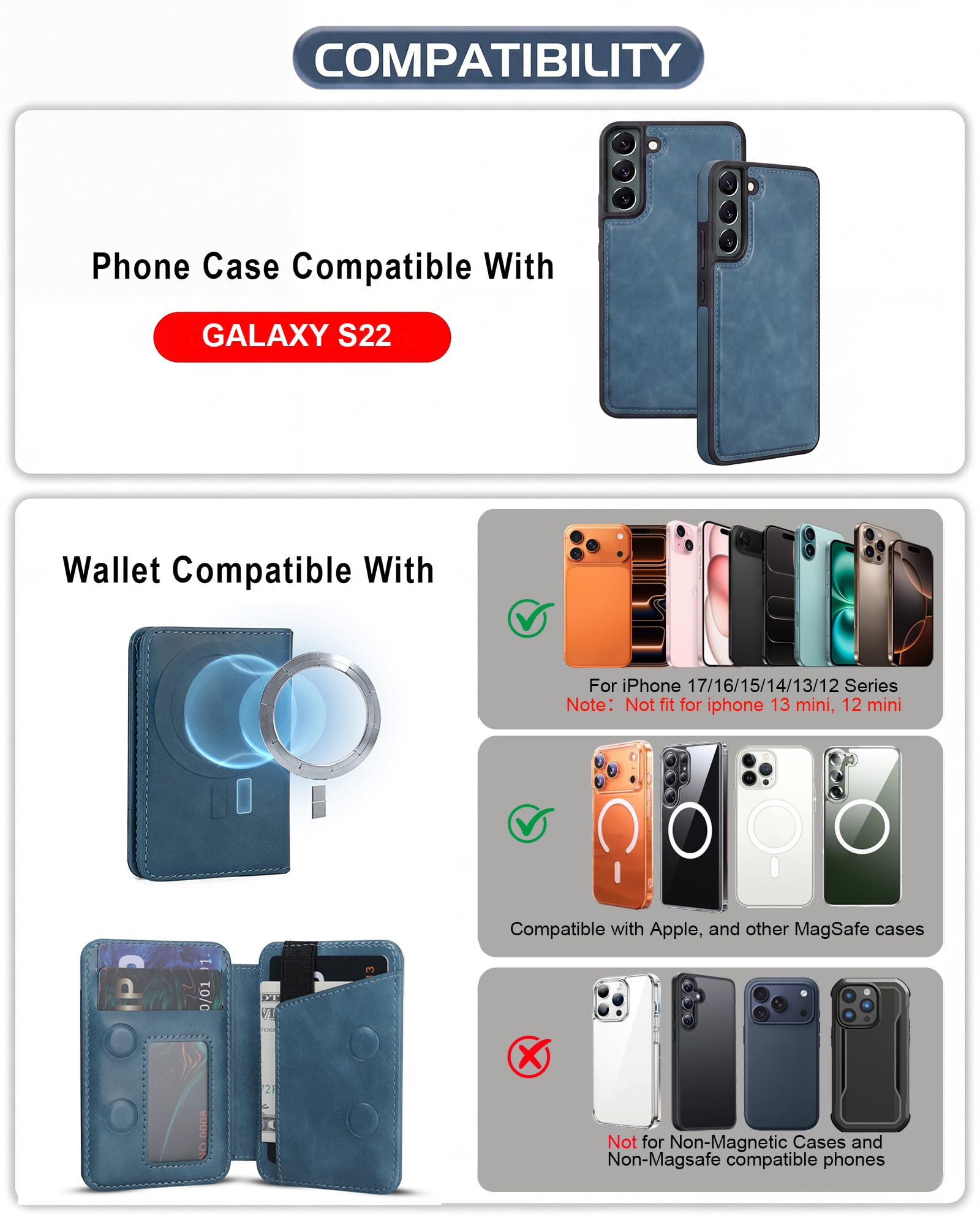 Custodia a portafoglio magnetica staccabile per Samsung Galaxy S22 con cavalletto, 2 in 1 compatibile MagSafe con blocco RFID, custodia sottile in pelle PU blu