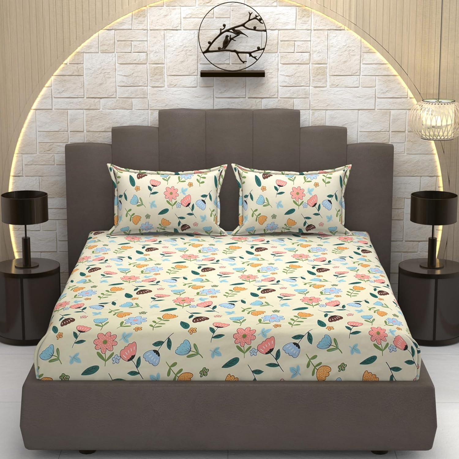DECOMIZER 300 TC Cotton Feel Glace Cotton Elastic Fitted Printed Queen Size Double Bed Bedsheet with 2 Pillow Cover Fits Upto 8 inches Mattress, Size- 60x78x10 Inches, Yellow Multi Flowers
