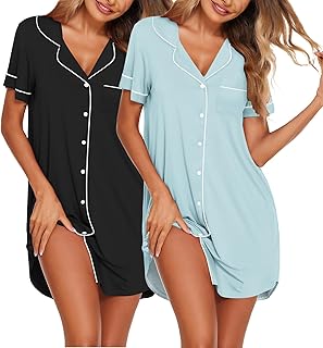 Nightgowns for Women 2 Pack Button Down Sleepwear Short Sleeve Sleepshirts Soft Nightshirts Boyfriend Pajama Dress