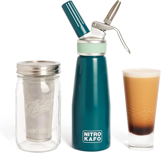 NITRO KAFO 0.5L Cold Brew Mason Jar Coffee Maker and Nitro Coffee Maker kit - Stainless Steel Filter, Durable Glass, 100% Recyclable Aluminium Bottle with Stainless Steel Parts, 1 Pint/0.5L