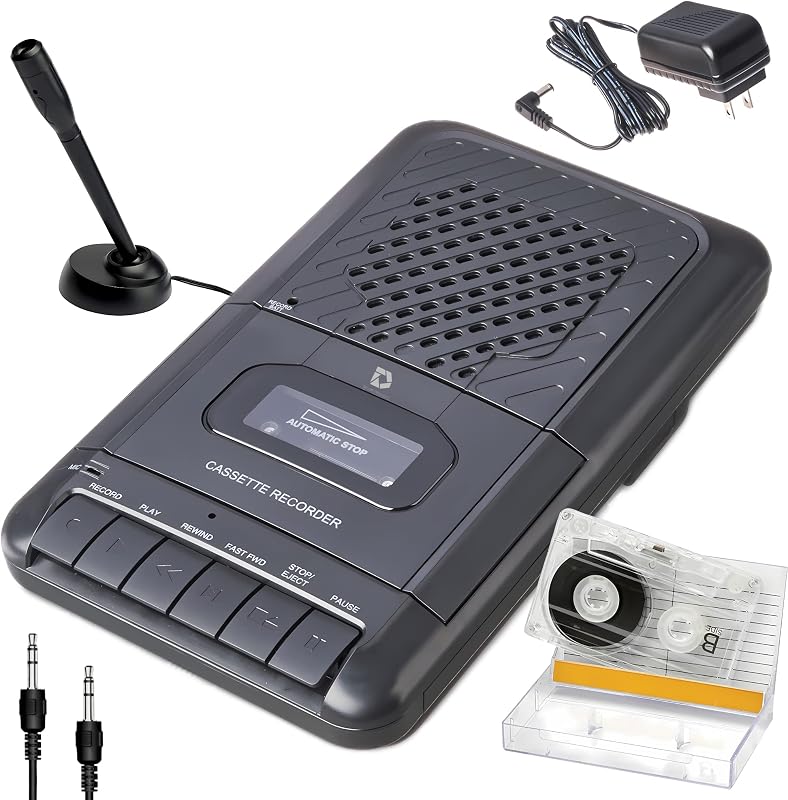 Grabadora de cinta con reproductor de casete portátil de productos de lujo. Grabe en casetes a través de micrófono o entrada auxiliar. parlante incorporado para escuchar casetes. Incluye micrófono externo, cable de entrada auxiliar y adaptador de CA