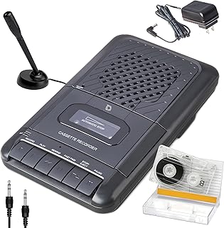 Deluxe Products Portable Cassette Player Tape Recorder. Record to Cassettes via Mic or Aux in. Built-in Speaker to Listen to Cassettes. Includes External Mic
