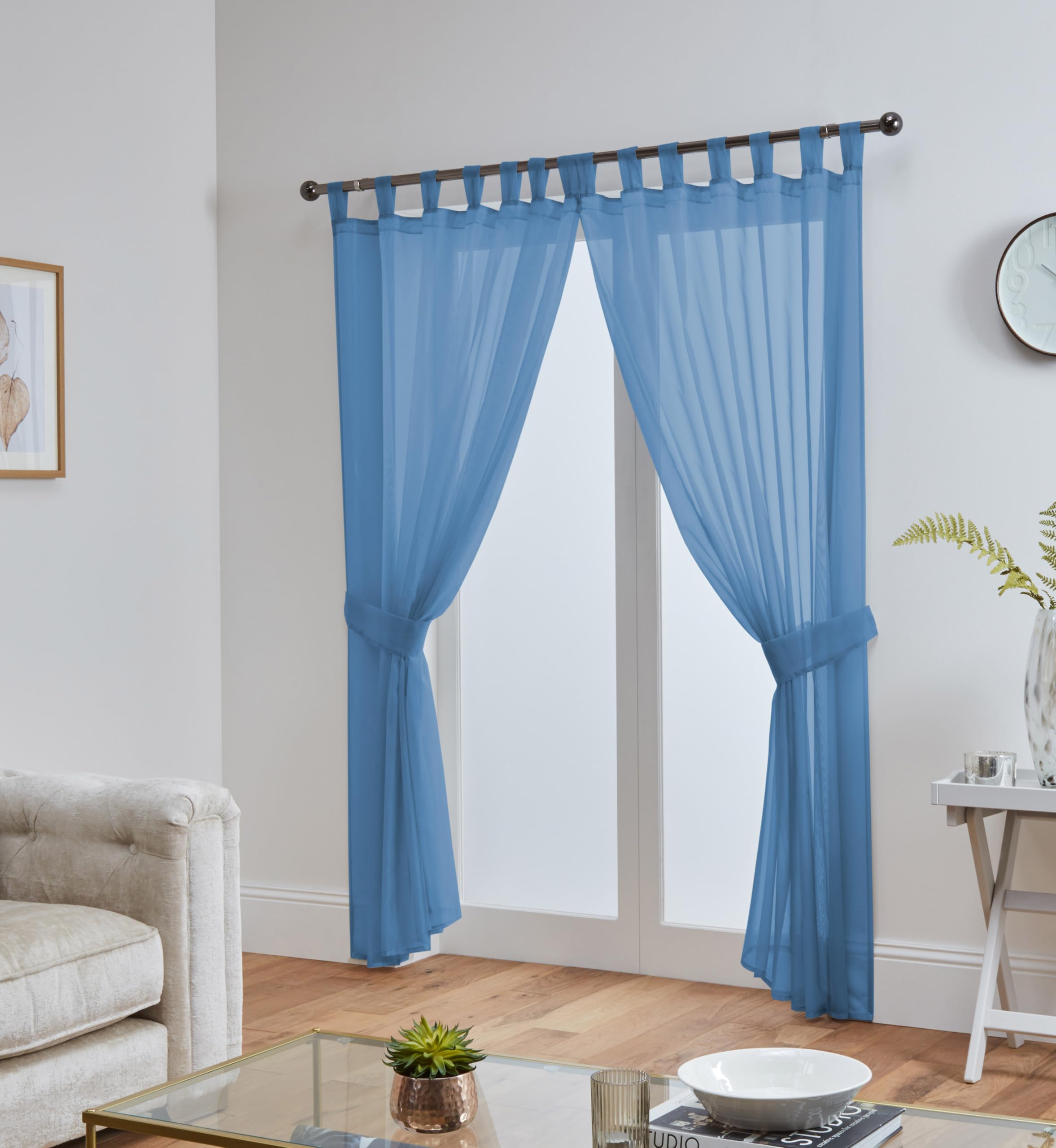 John Aird Pair Of Woven Voile Tab Top Curtain Panels. Tiebacks Included (Blue, 58" Wide x 72" Drop)