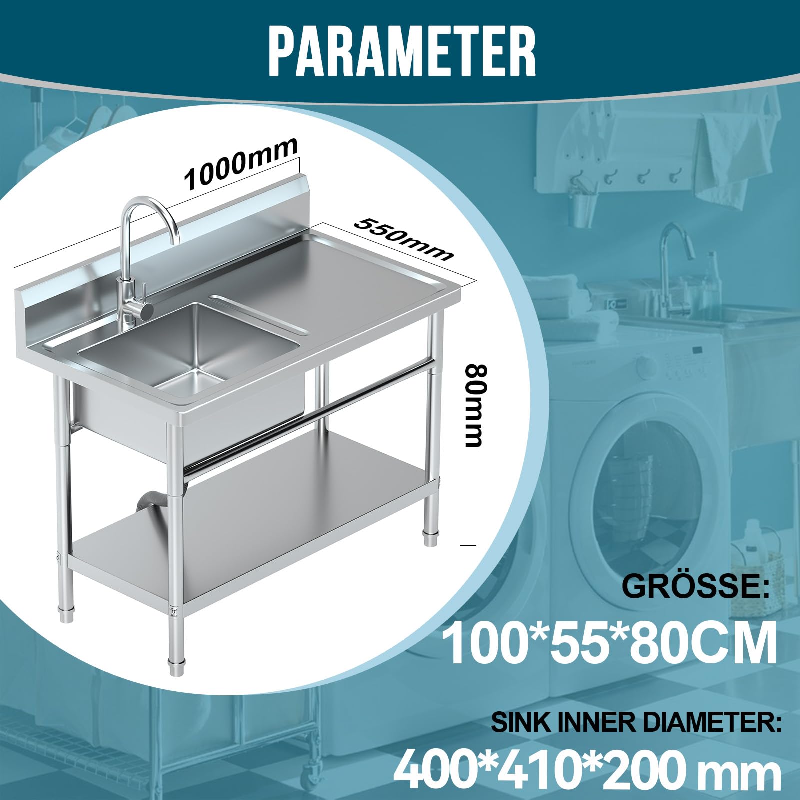 RiveraSink Fregadero Inox Independiente 100×55×80 cm con Encimera, Grifo Giratorio 360°, Cesta Filtro y Cubeta Grande – Altura Ajustable, Fácil de Limpiar – para Cocina, Hostelería y Jardín