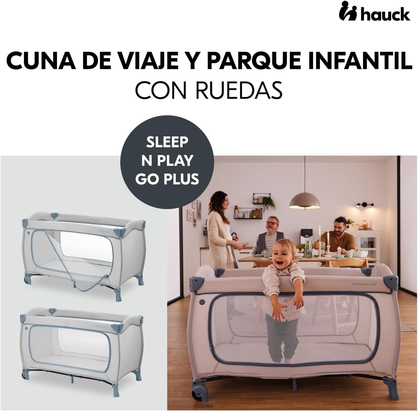 hauck Sleep N Play Go Plus łóżeczko podróżne dla dzieci z kółkami, torba transportowa i duży pokrowiec do zabawy, małe składane, łóżeczko podróżne dla niemowląt od urodzenia do 15 kg, (Dusty Blue)