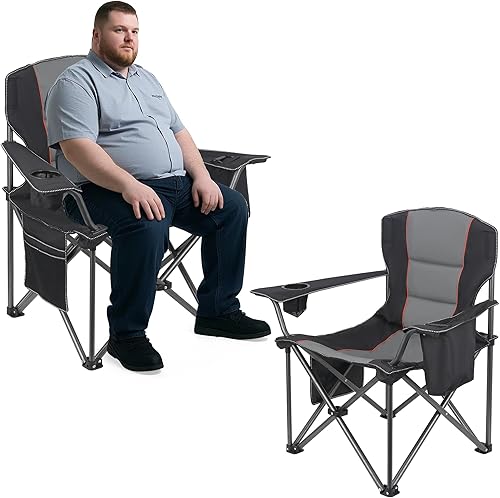 Paquete de 2 sillas de campamento resistentes de gran tamaño para adultos, 400 libras con soporte lumbar, sillas plegables con bolsillo lateral,