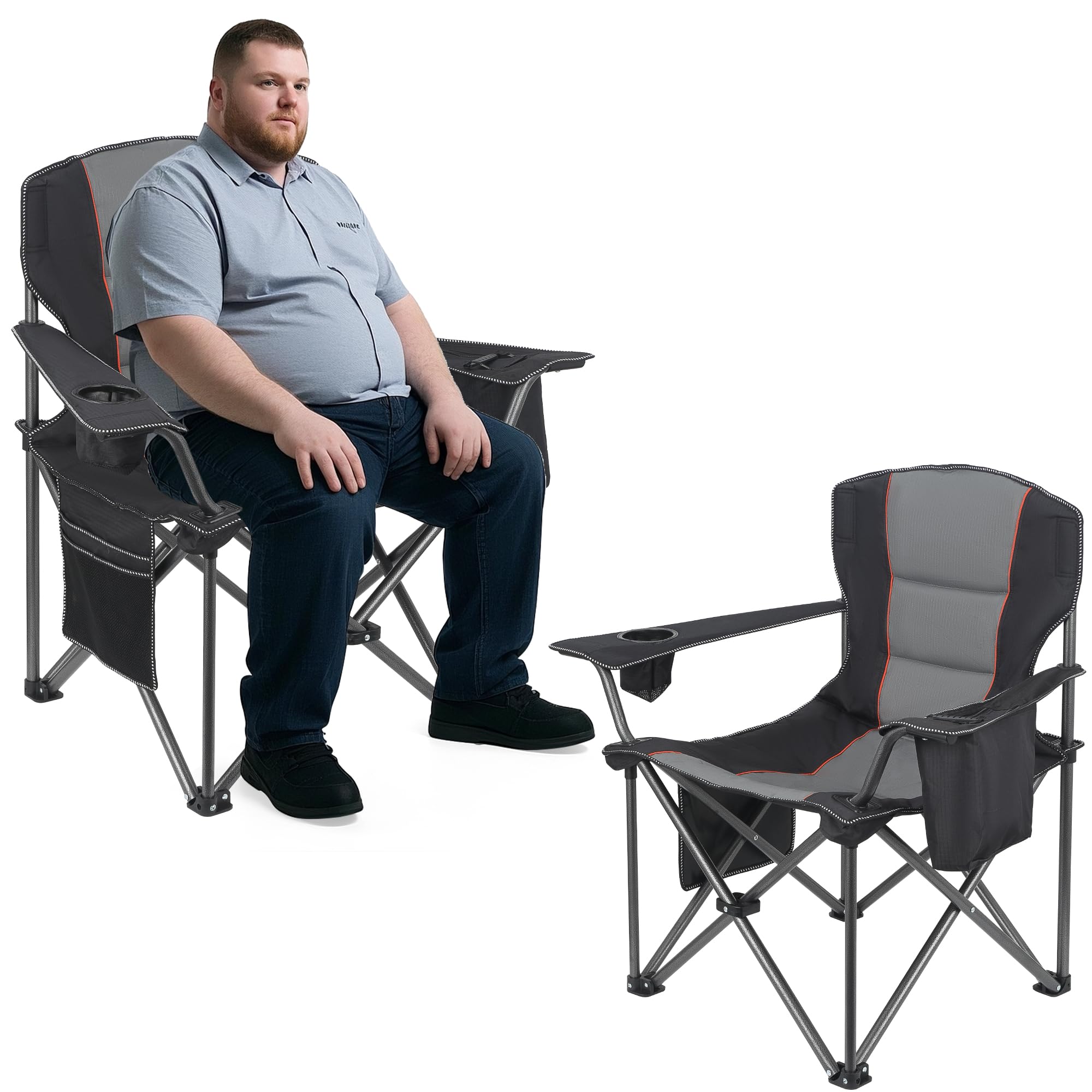 2 pack heavy duty oversized camping chair for adults 400lbs w/lumbar support - folding chairs with side pocket, cup holder & cooler bag for beach, fishing, lawn, backyard black
