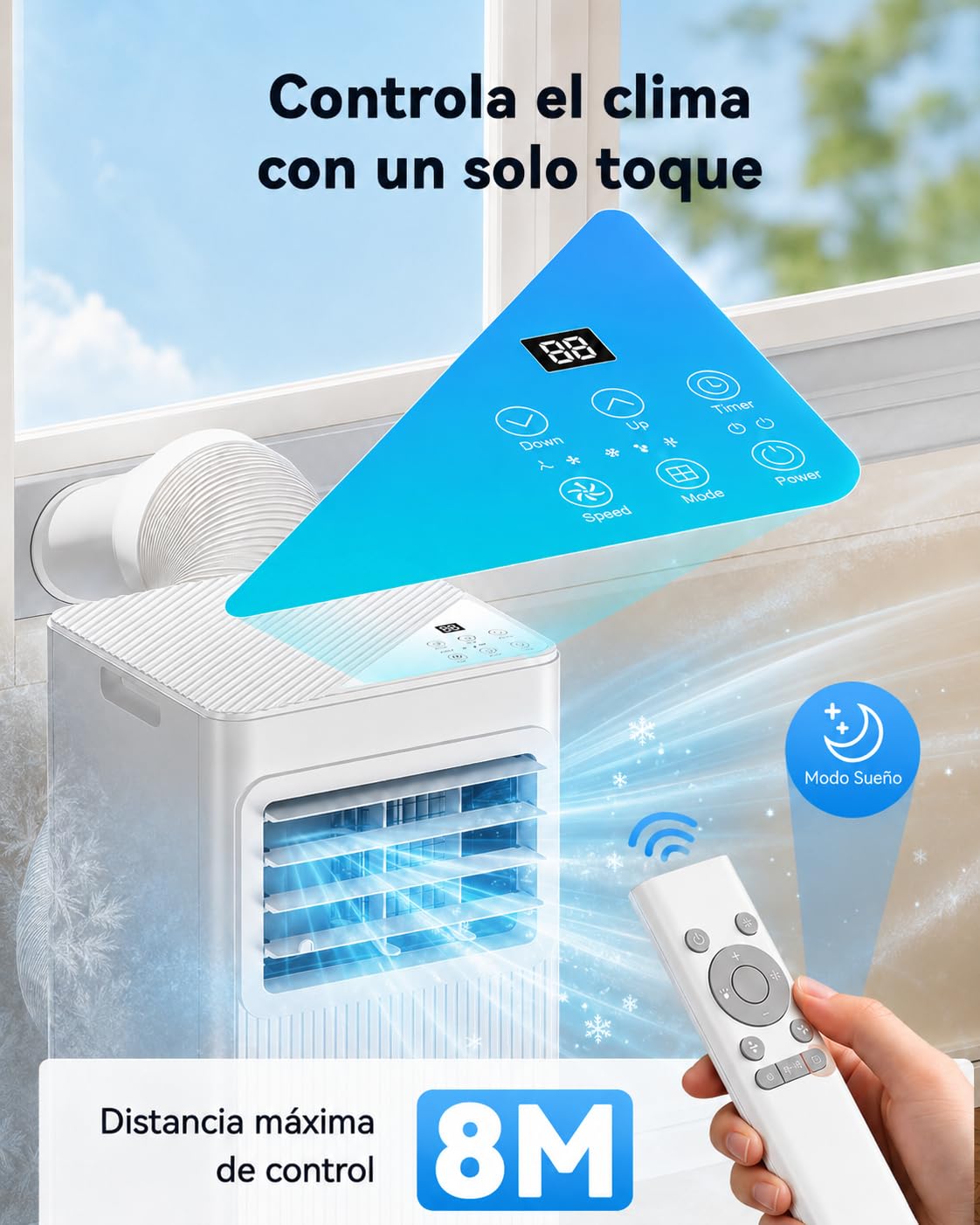 Aire Acondicionado Portátil 7000 BTU, Climatizador 4 en 1 (Frío, Ventilador, Deshumidificador 19L/D, Noche), Bajo Consumo, Silencioso, Temporizador 24H, Mando, Kit de Ventana Incluido, Blanco