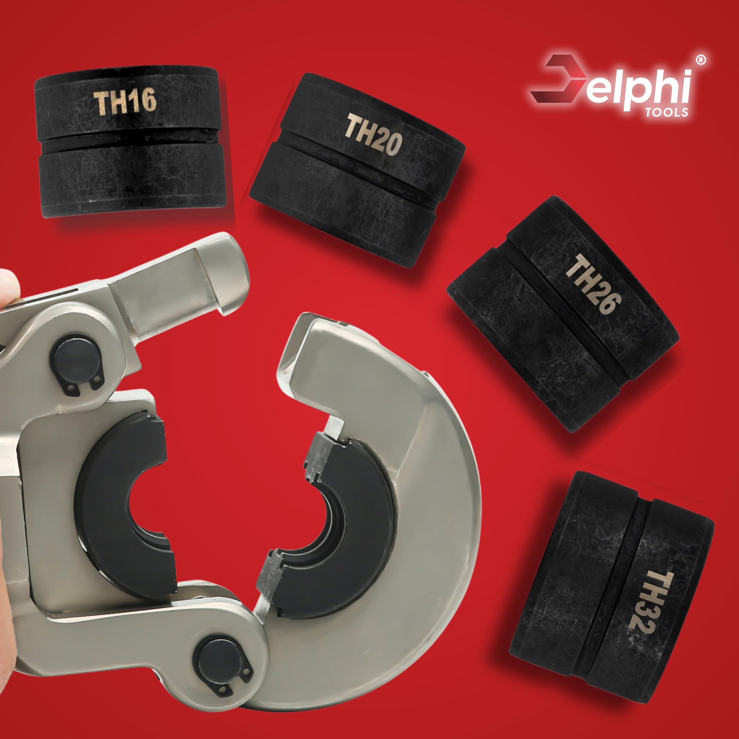 Delphi Presszange TH Verbundrohr 16-20-26-32mm (360° Kopf, 8T Druck) plus Schutzhandschuhe - Hydraulische Presszange Kupferrohr, Aluminiumrohre, PEX-Rohre, PB-Rohre, Kupferrohr-Fittings