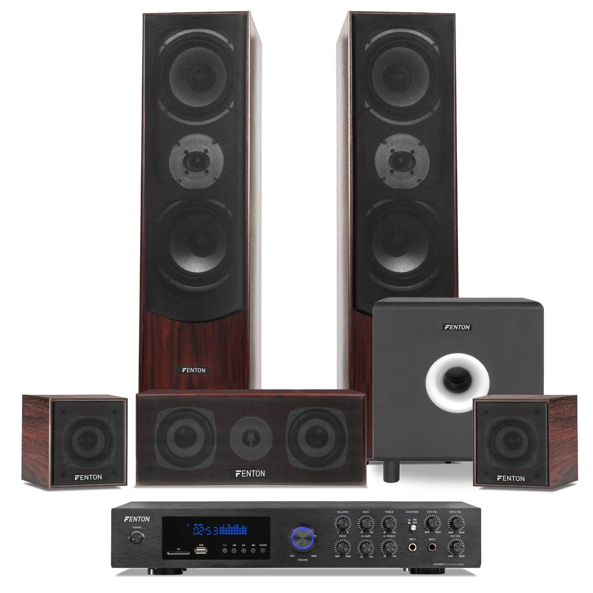 Fenton Equipo Cine en casa 5.1 Bluetooth con Amplificador, subwoofer Activo de 10", 5 Altavoces, USB MP3, entradas micrófono y Karaoke, Cables incluidos para instalación inmediata