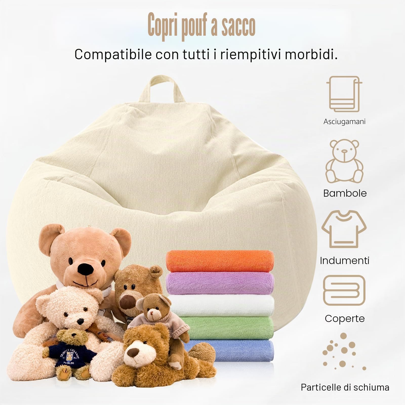 Pouf per bambini e adulti, solo rivestimento (senza imbottitura), sedia a sacco per camera da letto, ufficio, soggiorno, terrazza (beige)