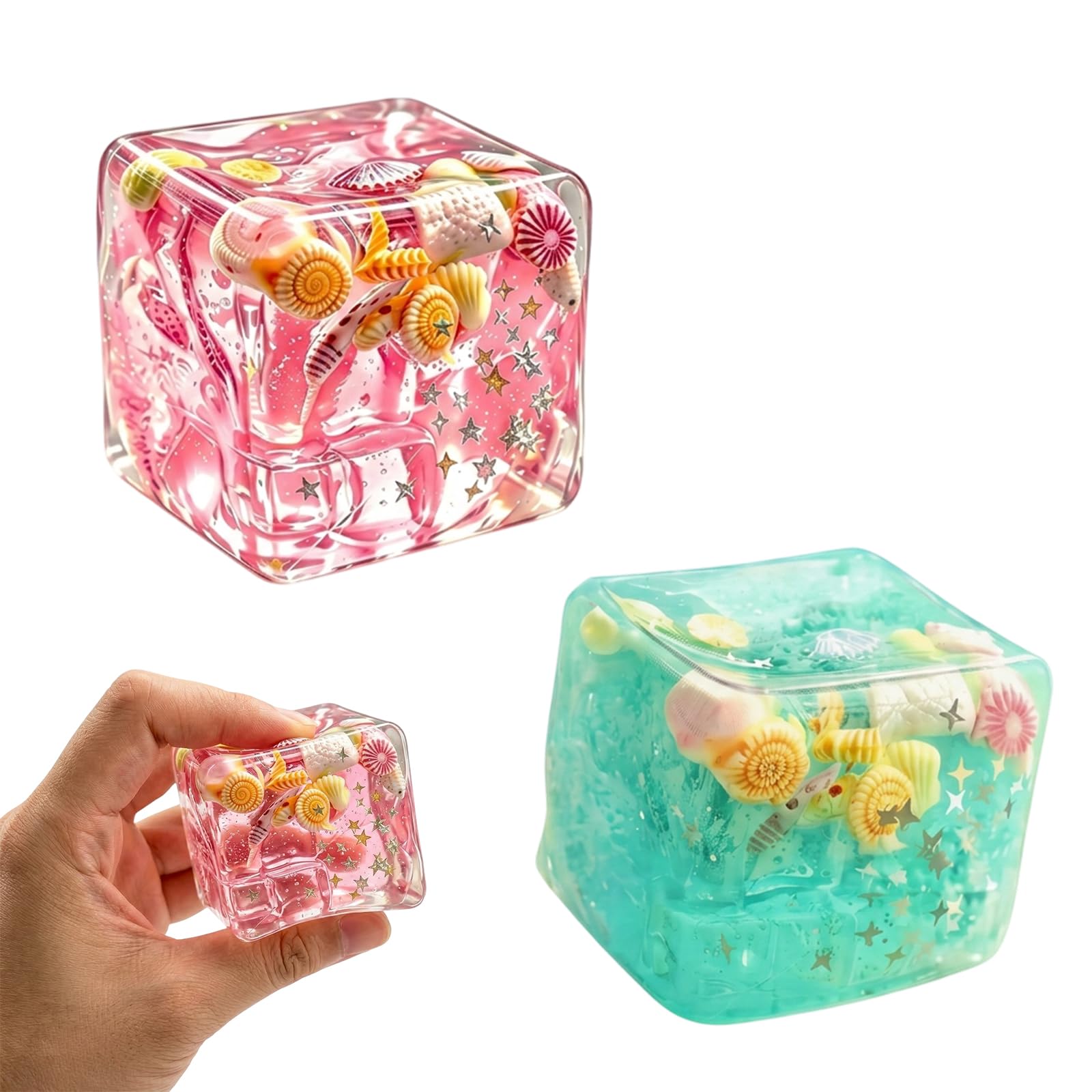 2 Pcs Squishy Cubes, Ocean Ice Cube Squishy Fidget Toys, Stress Relief Sensory Tools for Adults and Teens, Green and Pink Ice Cubes Squishy