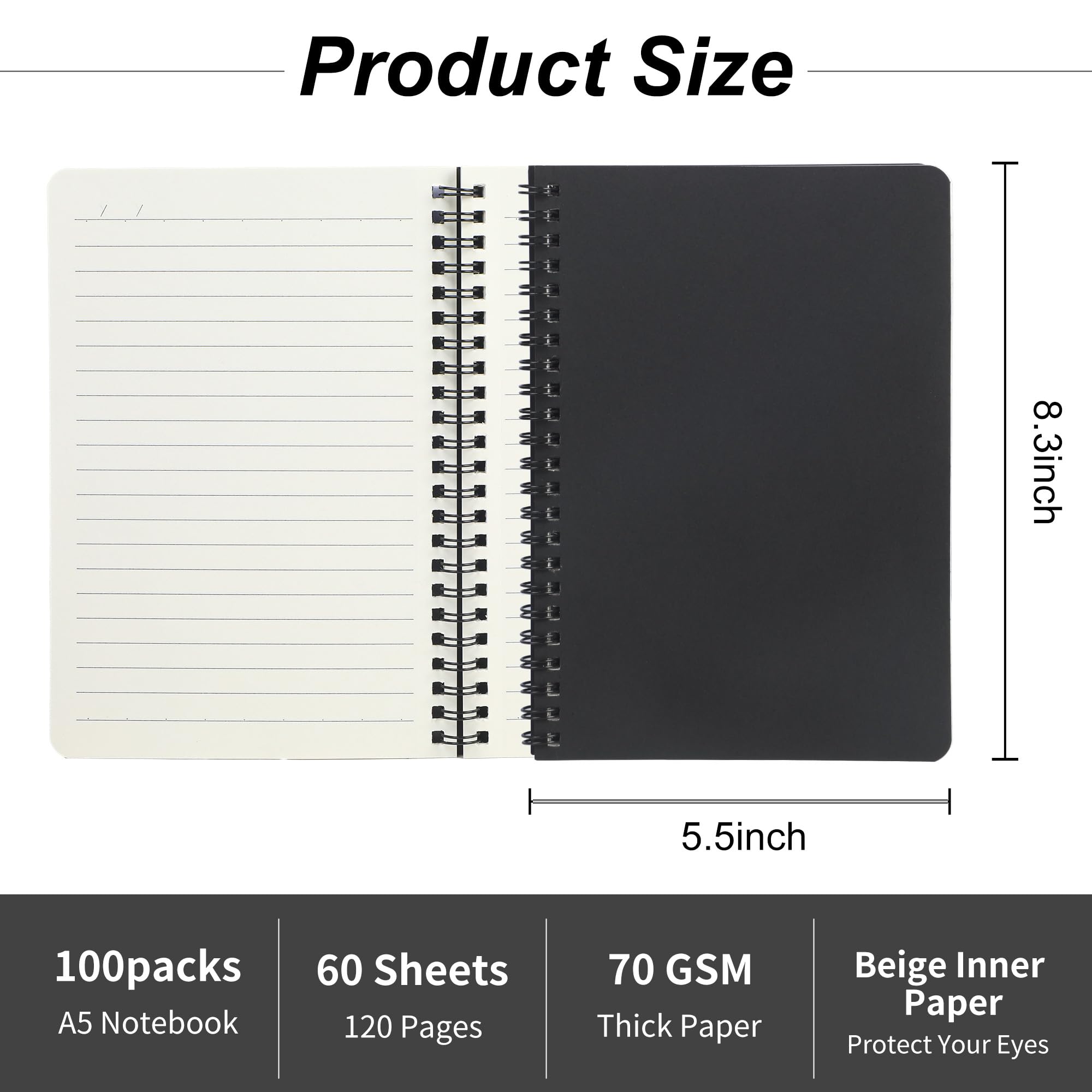 miikoul Lot de 100 carnets à spirale A5 lignés noirs en vrac, 21 x 14 cm, 60 feuilles/120 pages, couverture rigide, carnet de voyage pour fournitures de bureau et de rentrée scolaire
