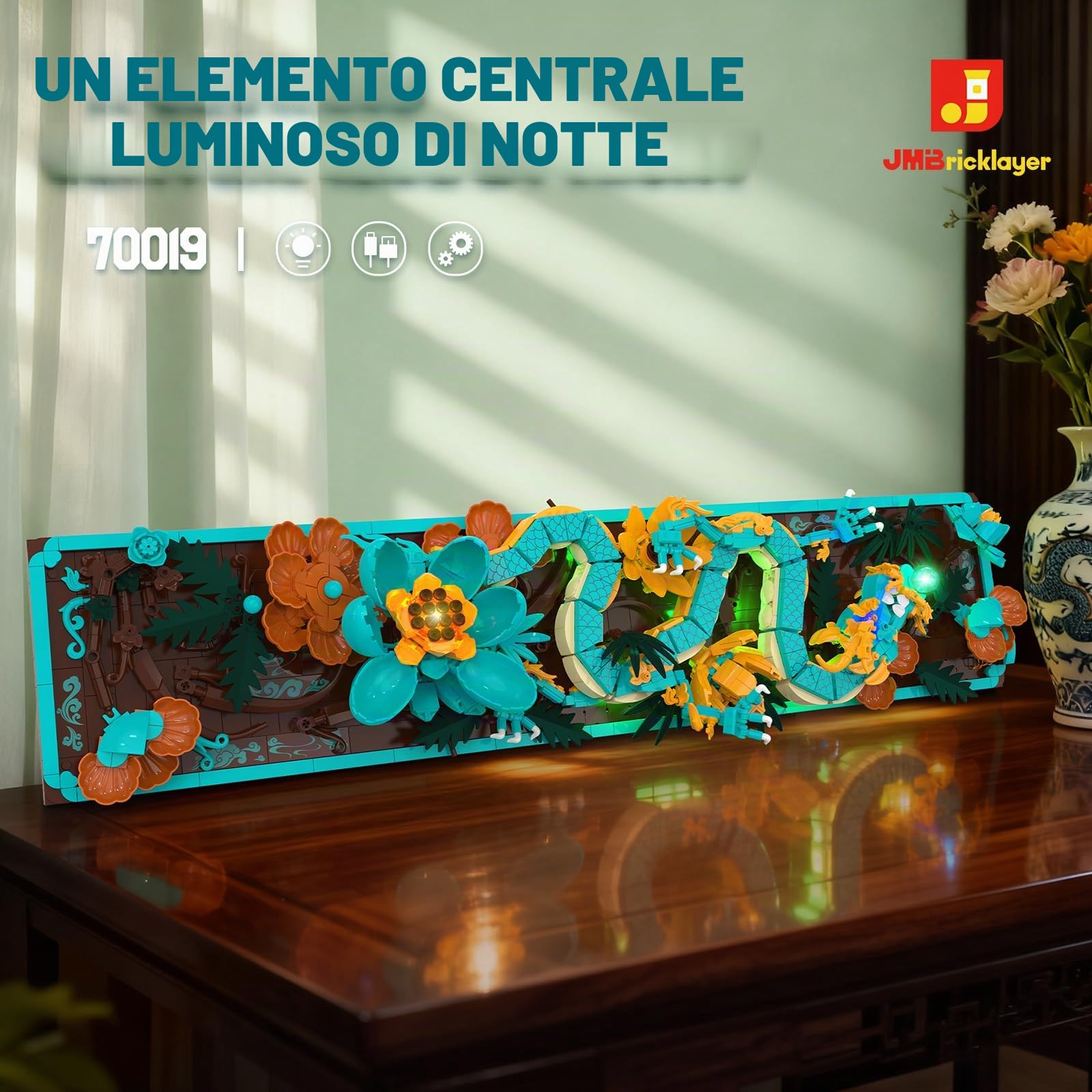 JMBricklayer Set di Piastrelle per Draghi Mitici con Blocchi di Costruzione a LED per Adulti 70019, Set per Arti Decorative da Parete, Giocattolo Drago con Fiori Kit di Blocchi di Costruzione per