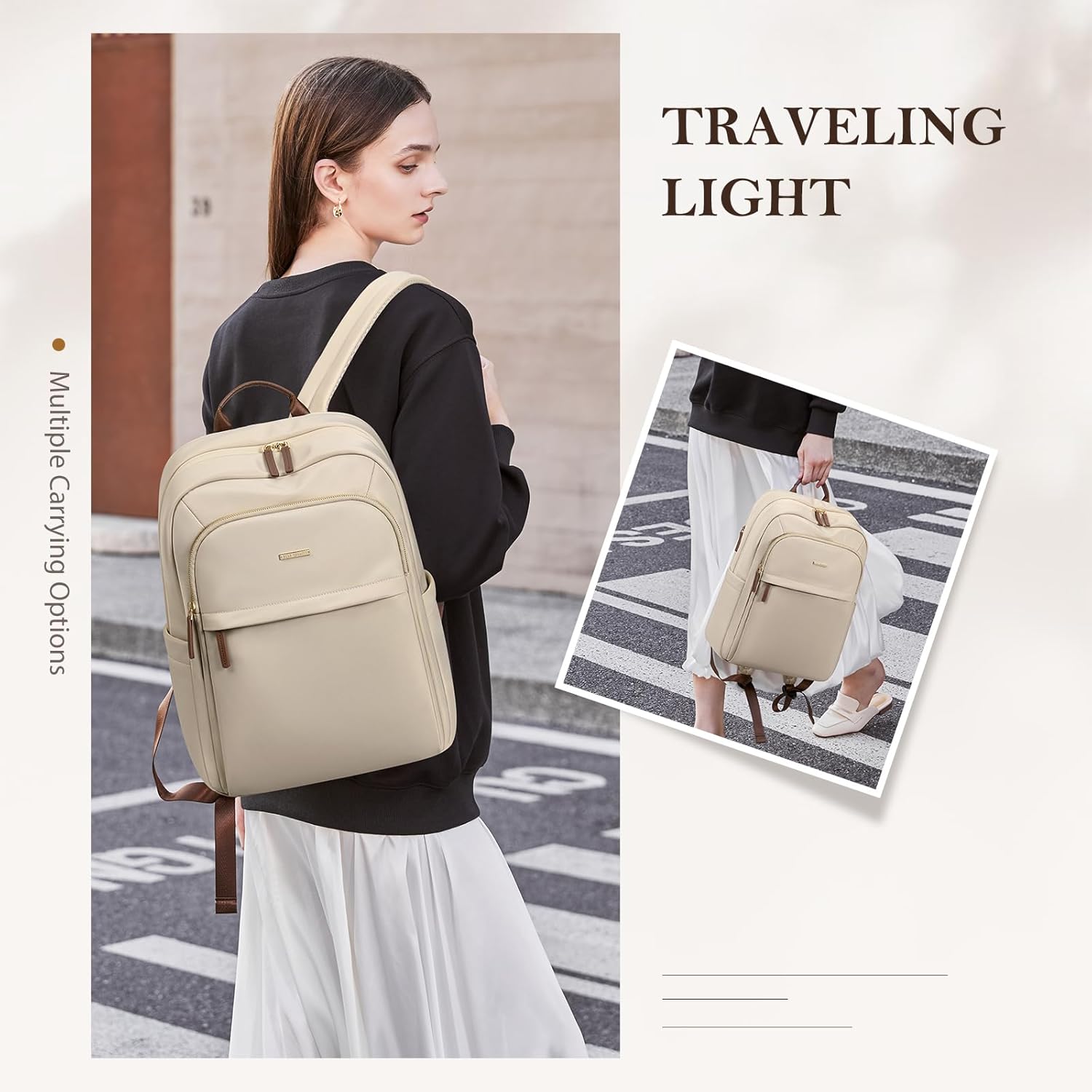 Travel Backpack for Women Personal Carry On Bag Business Weekender Hiking Multilayer Laptop Bag,16 Inch,Apricot - Image 7
