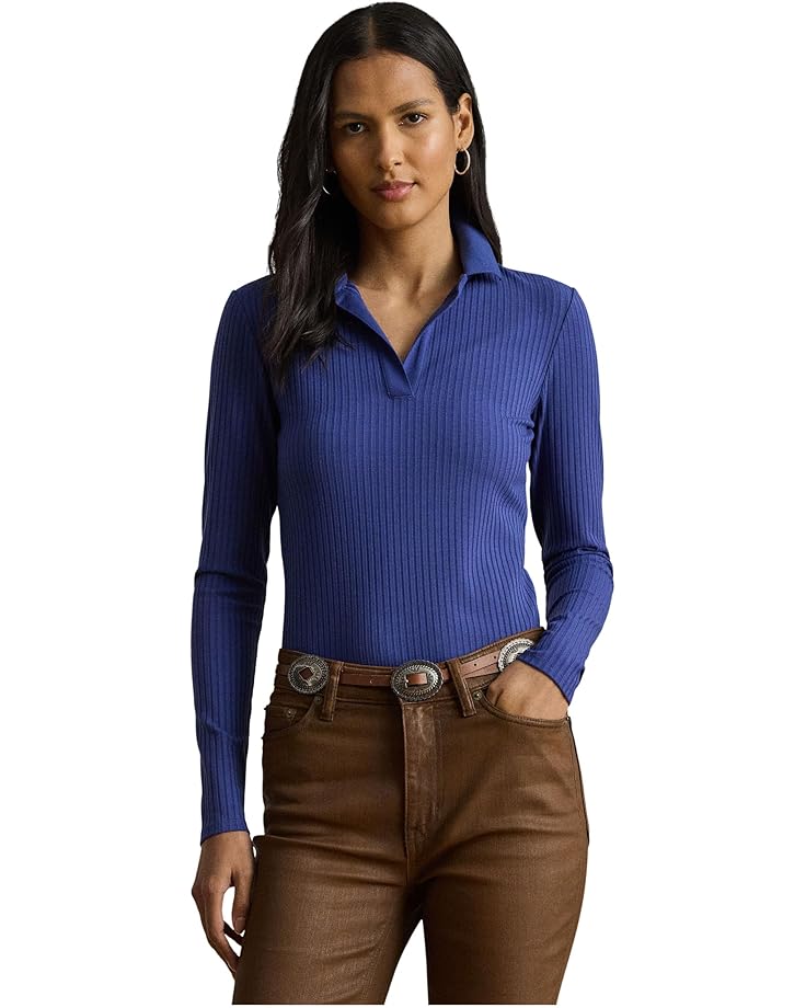 Lauren Ralph Lauren Rib-Knit Long-Sleeve Polo Top - Main View