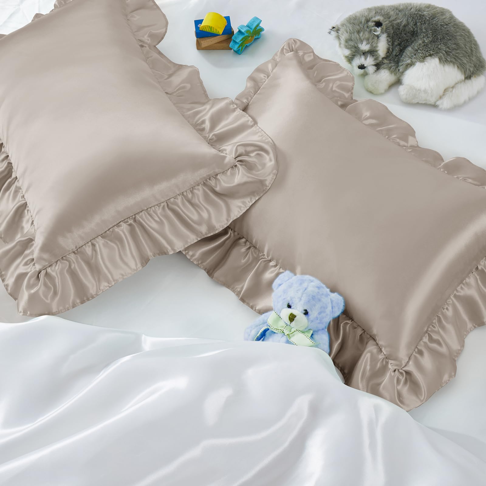 Entisn Ruffle Satin Toddler Pillowcase Set of 2, 14 x 20 Inch Toddler Silky Pillow Shams with Envelope Closure, Anti Wrinkle Soft Nursery Bedding for Girls, Boys (Taupe)