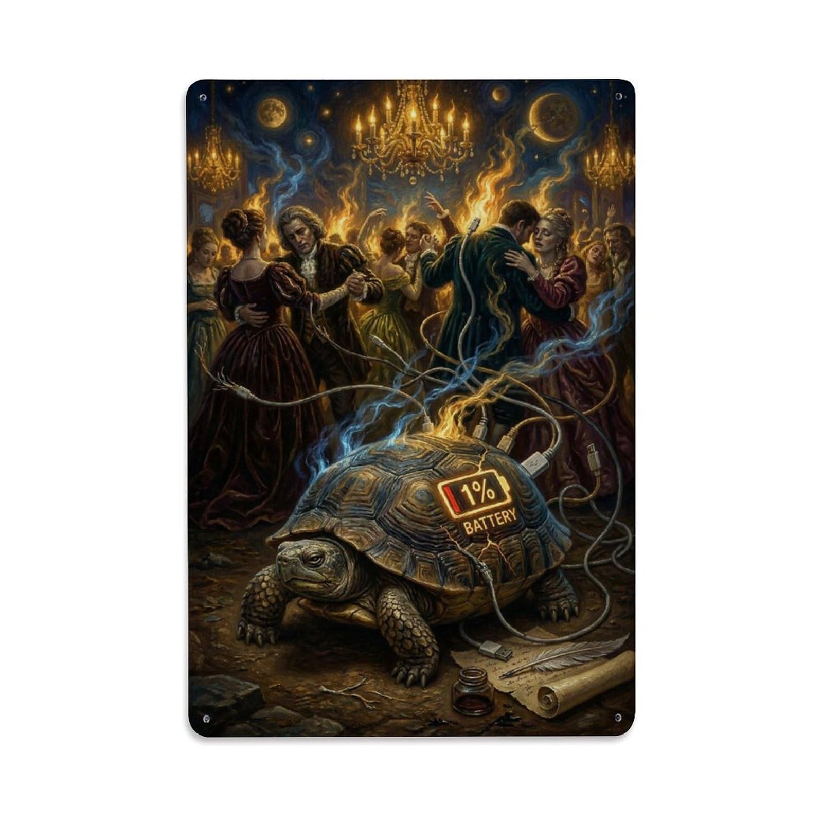 Turtle Drained Surreal Vintage Animal Battery Satire Visual Metal Tin Sign Plaque Wall Decor for Cafe, Man Cave, Club Bar, Office, Home Garden Round Metal Poster 8x12Inch
