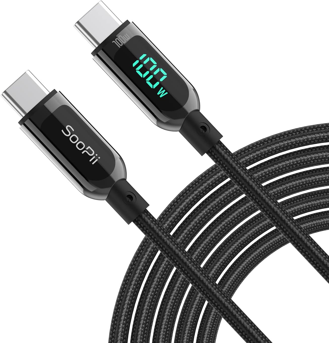 SOOPII 100W 4ft USB C to USB C Cable Fast Charge, Nylon Braided Cable with LED Display for lPhone 16/15 Pro/15 Plus/15 Pro Max,lPad Air,MacBook Pro,Galaxy S24/S23, Pixel, LG (Black)