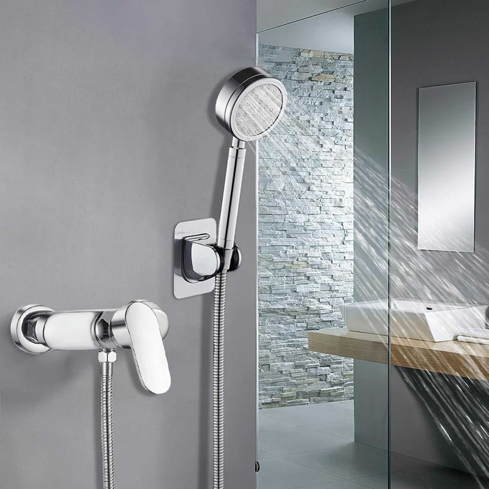 Grifo De Ducha, Grifos Duchas De Baño Monomando, Grifo Ducha Pared, con núcleo de válvula de cerámica, con G 1/2 caño,Plateado, Cromado