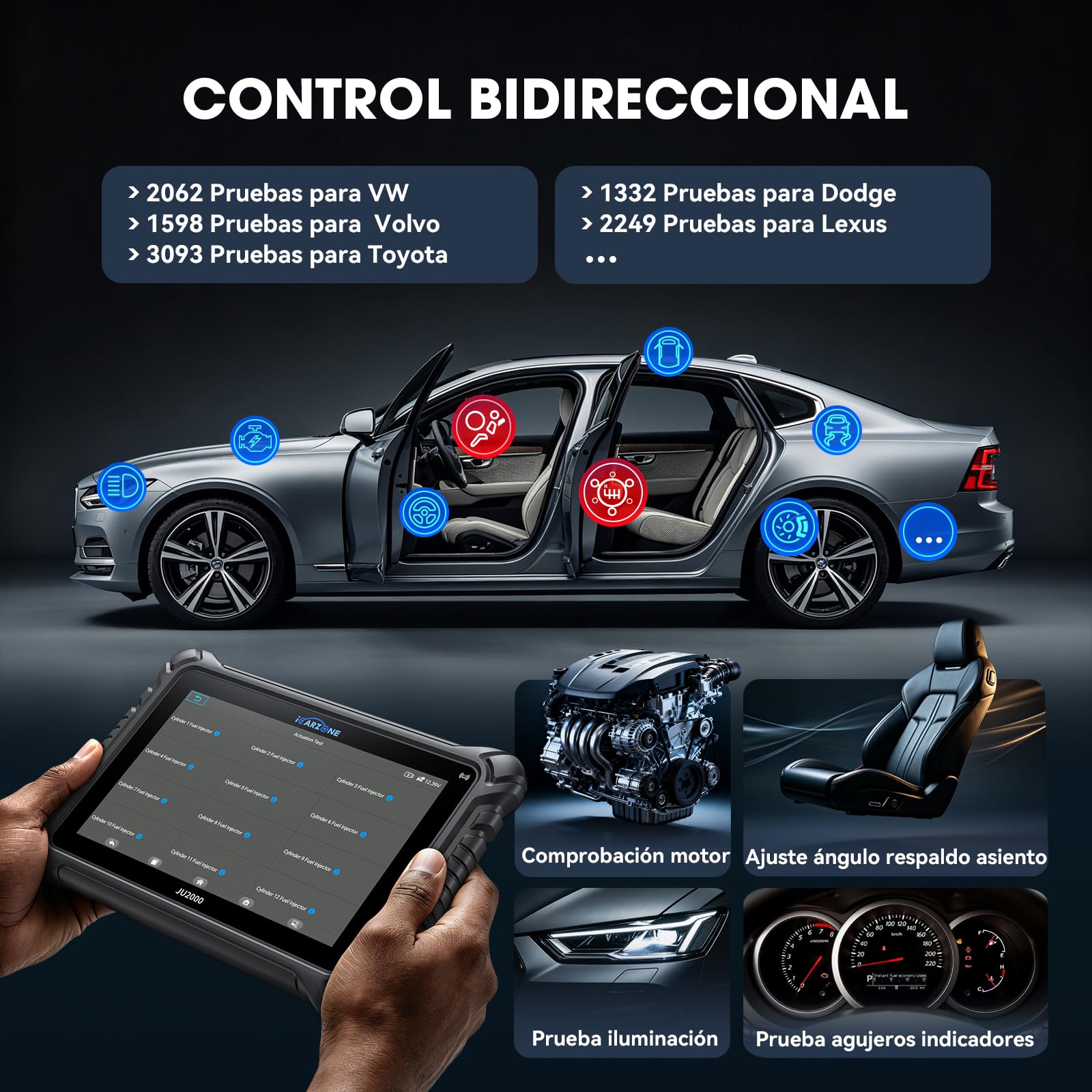 JU2000 Máquina Diagnosis Coche, Escáner de Todos los Sistemas con Bluetooth, 50 Servicios, Codificación ECU, Prueba Activación, Auto Vin, CANFD, DoIP, Programación TPMS, Actualización WiFi