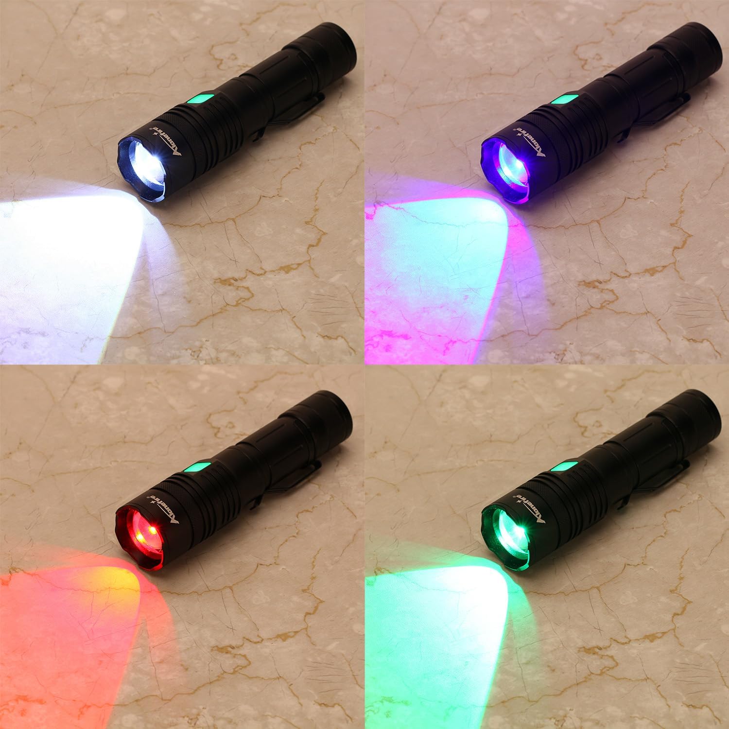 ALONEFIRE X37 Flashlight displaying white, blue, red, and green light outputs