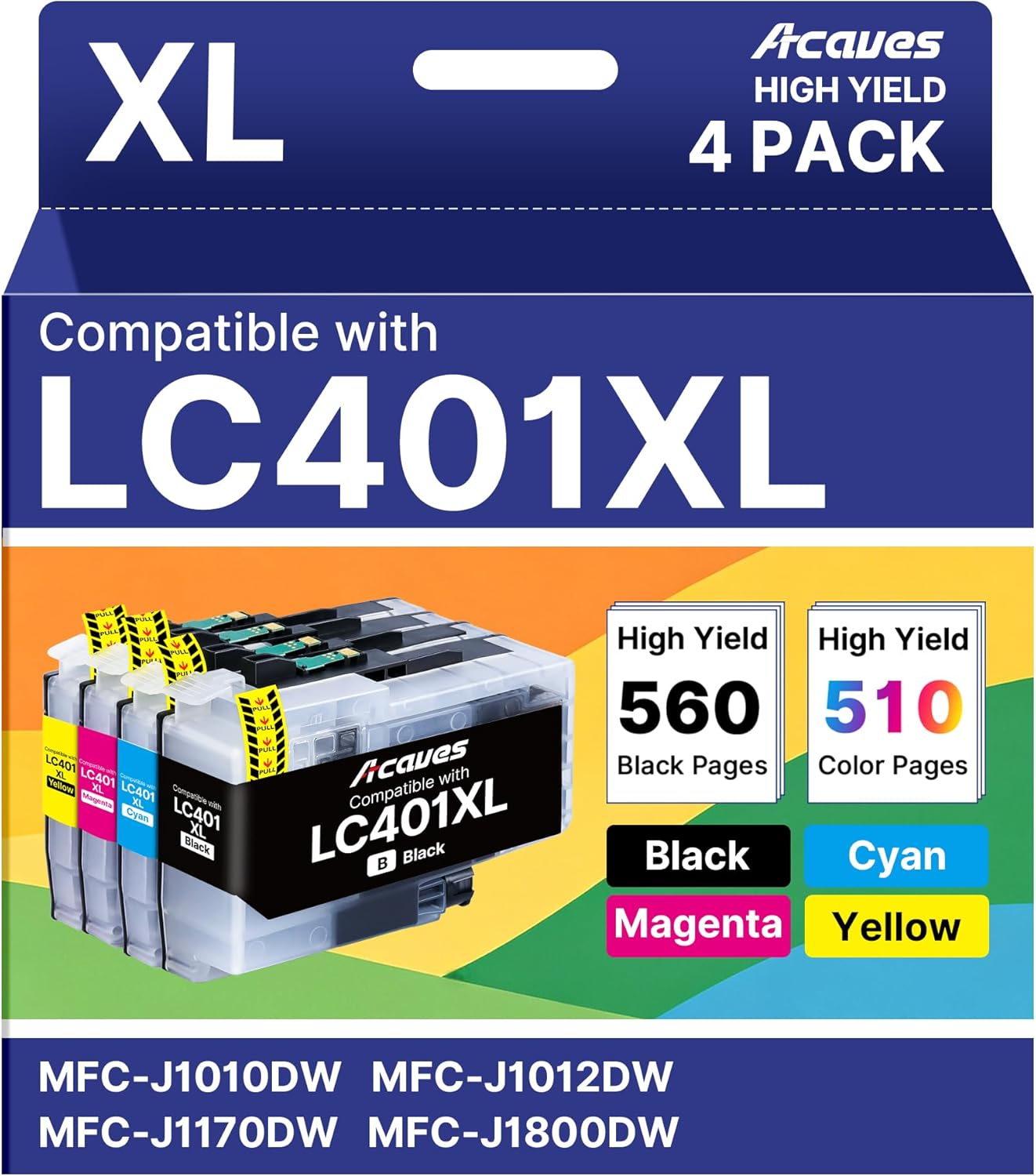 LC401XL Ink Cartridges for Brother Printer High Yield 4-Pack Replacement for Brother LC401 Ink Cartridges Work with MFC-J1010DW MFC-J1170DW MFC-J1012DW MFC-J1800DW Black Cyan Magenta Yellow