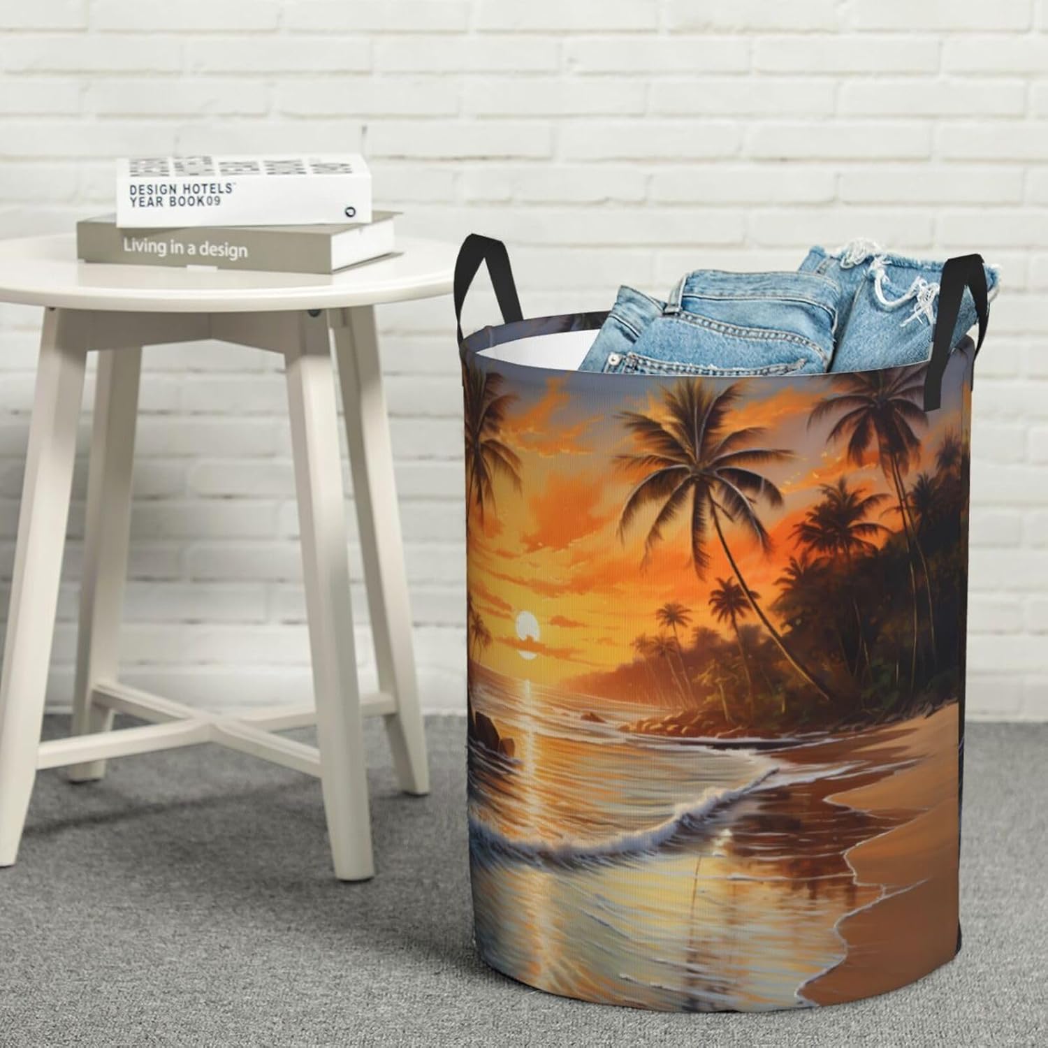 Coconut trees by the lake Round Single-layer Laundry Basket, Portable Storage Laundry Basket, Bedroom Clothes Storage Basket with Handle
