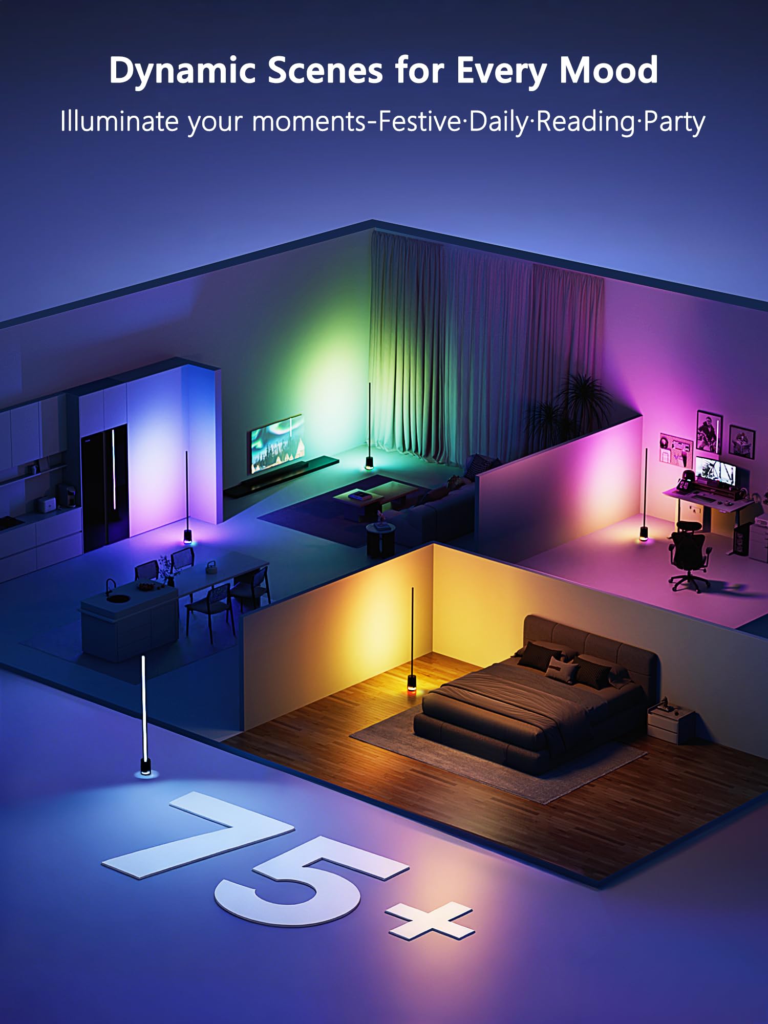 LED Stehlampe Dimmbar RGBCW, Smart Stehlampe Wohnzimmer Arbeiten mit Alexa Matter Google, APP-Steuerung, 16 Millionen Farben, 75+ Szene, Musikmodi, DIY Standleuchte für Schlafzimmer Gaming, Schwarz