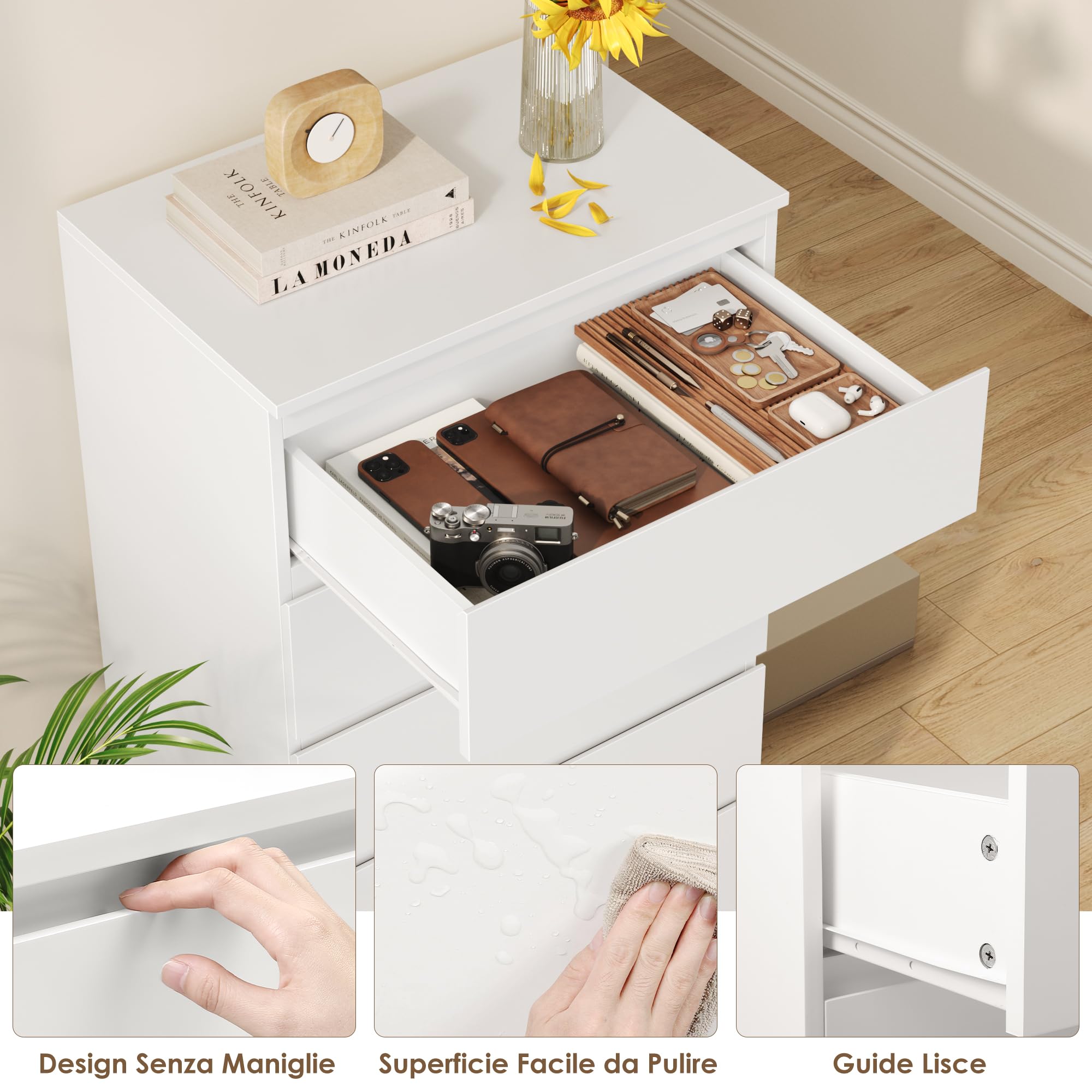 FOREHILL Cassettiera Camera da Letto a 6 Cassetti,Comò Comodino Camera da Letto,Cassettiera Comodino in Legno,Moderna Mobiletto Multiuso per camera da letto, corridoio, soggiorno 60x40x119cm(Bianco)