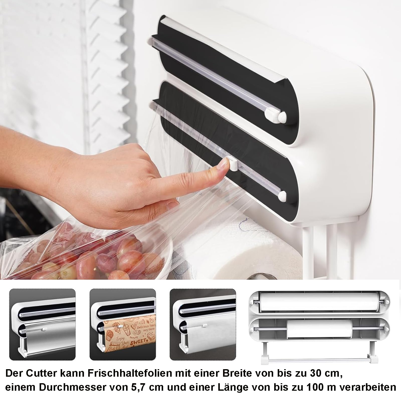 3 in 1 Frischhaltefolienspender, Küchenrollenhalterung mit Küchenrollenhalter, Folienschneider Magnetischer mit Küchenrollenhalter, Wandrollenhalter Alufolienspender, Schwarz