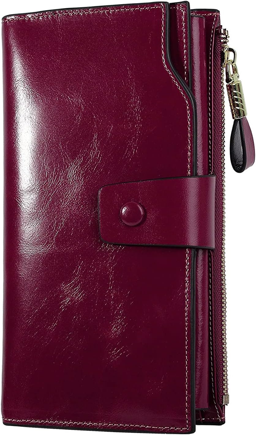 Women's RFID Blocking Wallet, Large Capacity Leather Bifold, 21 Card Slots, Snap Closure, Fits Phone, Card Holder