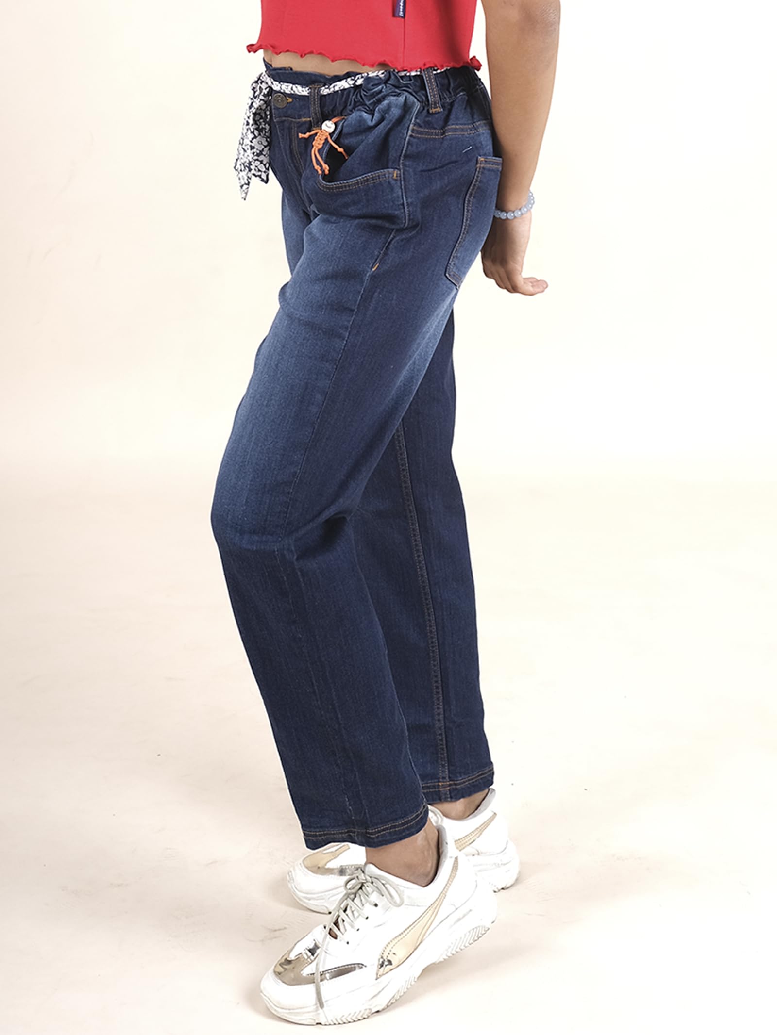 KiddoPanti Girls Solid Paper Bag Jeans Pant with Fabric Belt, Dk Wash Blue - 4-6Y 2