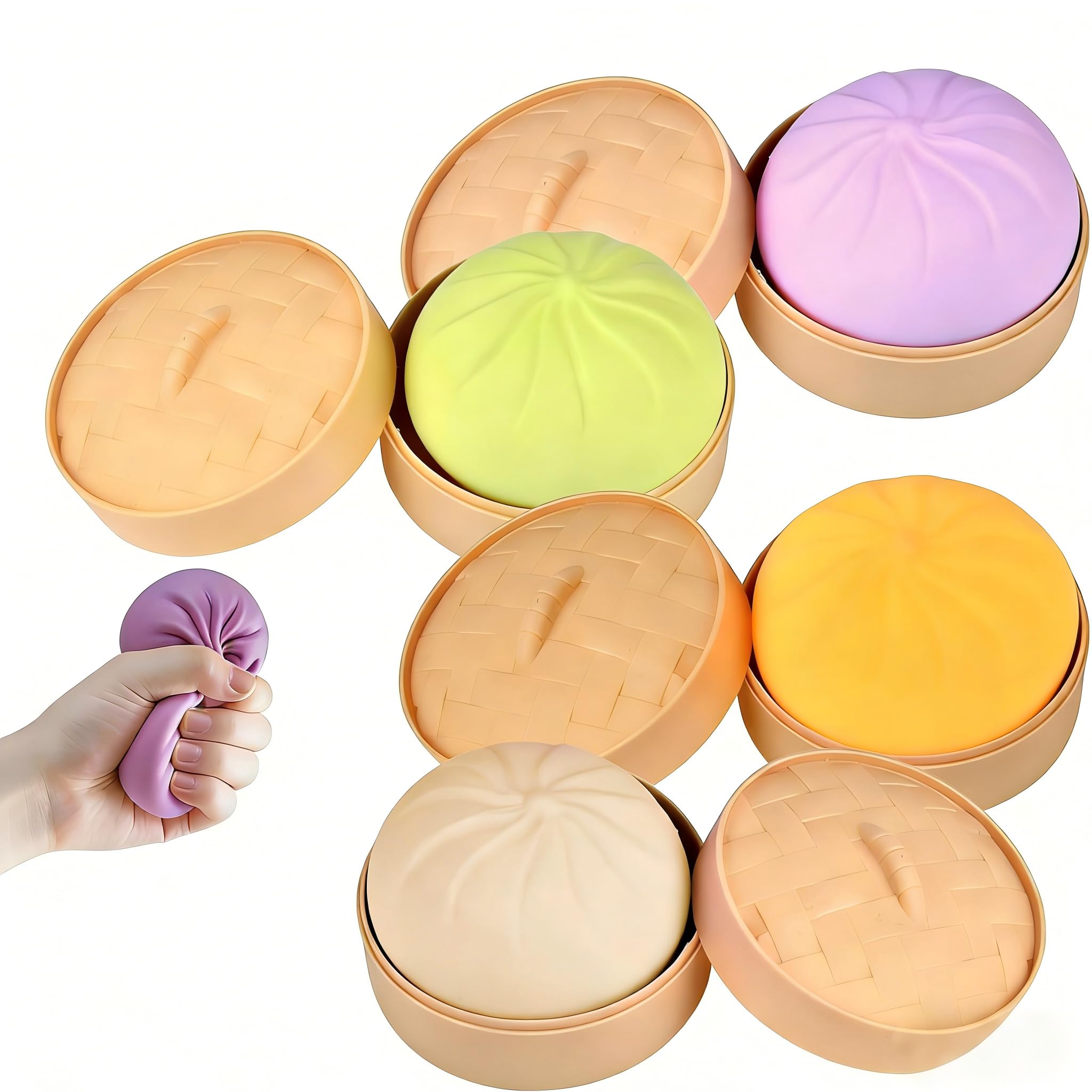Dumpling Squishy Toy, Squishy Dumpling with Steamer Box, Cute Anxiety Relief Toy，Soft Squeeze Decompression Dough for Adults, Simulation Food Squishies Bun (4Pcs)