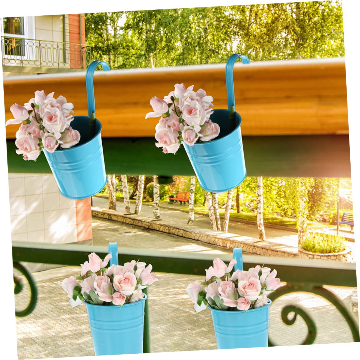Kisangel Jardinière Balcon Suspendue en Fer, Pot de Fleur pour Balcon Crochet Amovible, Drainage et Ventilation, Lot de 4 pour Fleurs Sèches