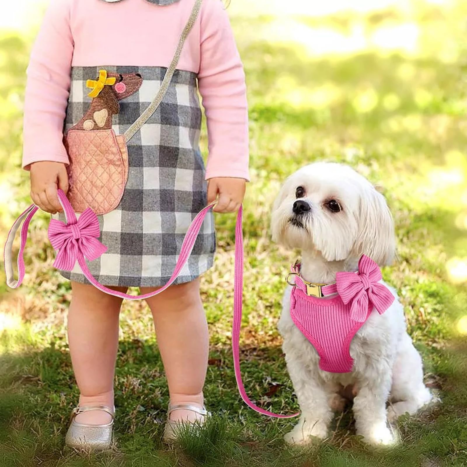 Juego de arnés y correa para perros medianos y pequeños, 3 collares y correas ajustables con pajarita, chaleco acolchado de malla suave transpirable para cachorros y perros pequeños, rosa, M