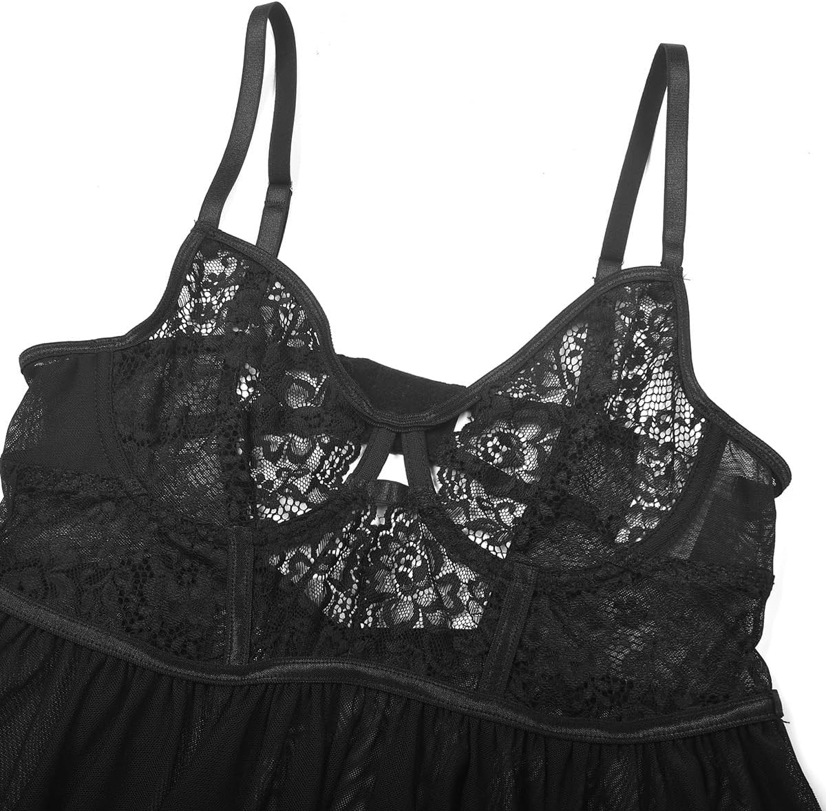 Plus Size Lingerie for Women,Sexy Lace Babydoll Nightgown Strap Chemise V Neck Mesh Dress 2-Piece Set Valentine's Day - Image 5