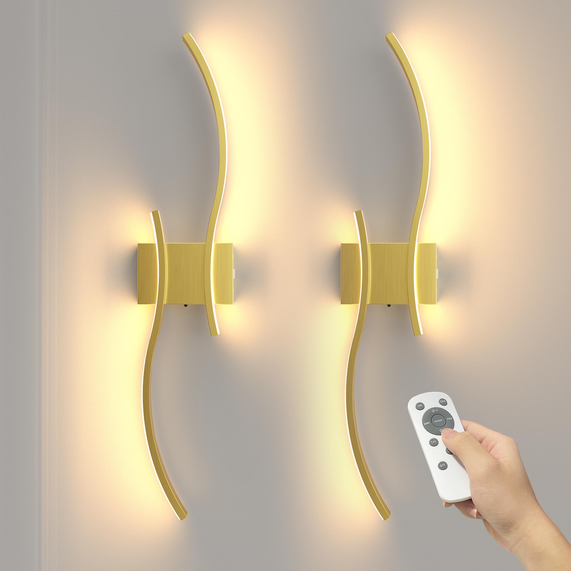 NIORSUN 27.6 Inch Battery Operated Wall Sconce Set of 2, Gold Modern Rechargeable Wall Lights with Remote, 3CCT Dimmable Wireless Wall Lamp for Living Room Bedroom Hallway