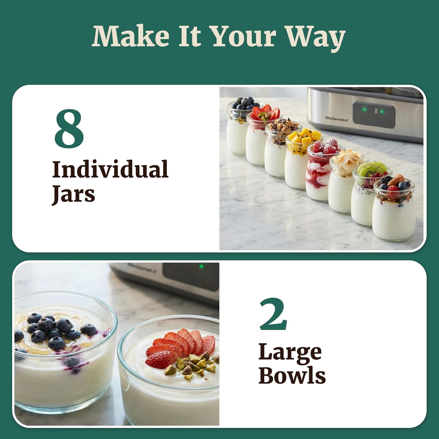 Elite Gourmet ProBioticPRO™ Digital Yogurt Maker, Programmable Temp & Time Control (68–127°F), Includes 8 Glass Jars (6 oz)   2 Large 1-Qt Bowls, Stainless Steel, Auto Shut-Off