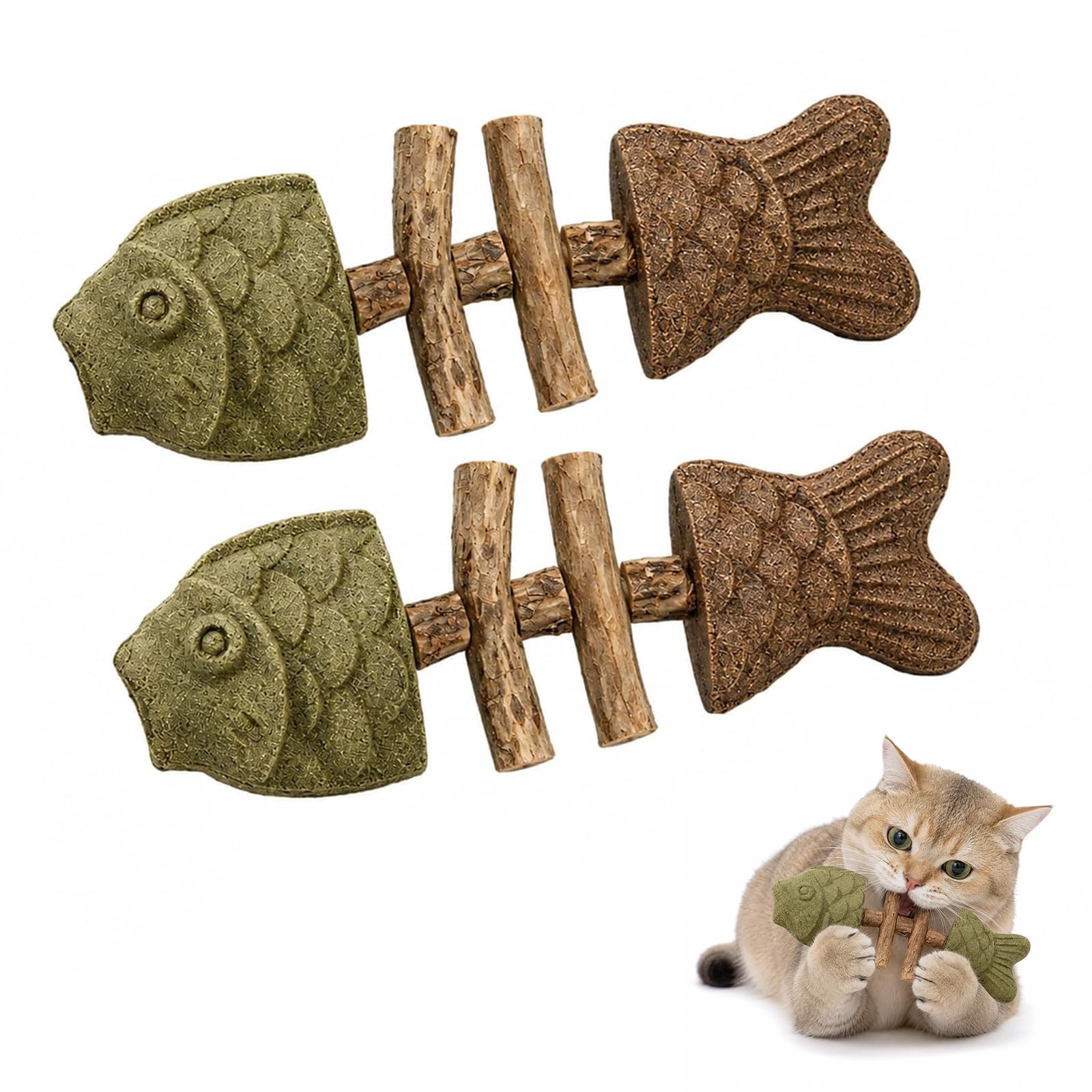 Catnip & Silvervine Chew,Silvervine Cat Toy,Natural Catnips & Silvervines Teeth Cleaning Stick,Fish Bone Shaped Chewing,Fix Cat Dental Health (Mix Flavor,2 pc)
